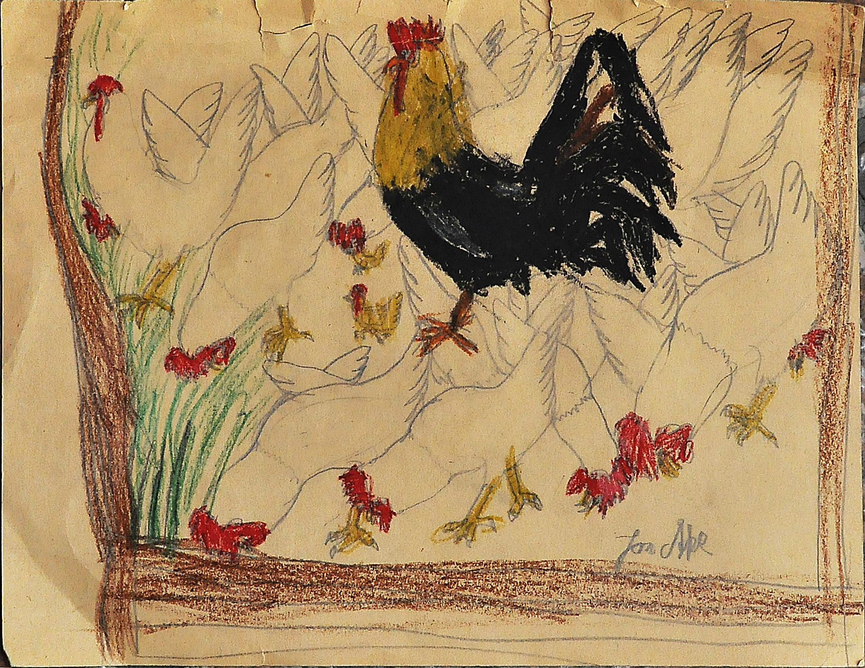 Min tidigaste teckning som är bevarad. Tupp och hönor Lekskolan i Stenkulla, Nyköping.