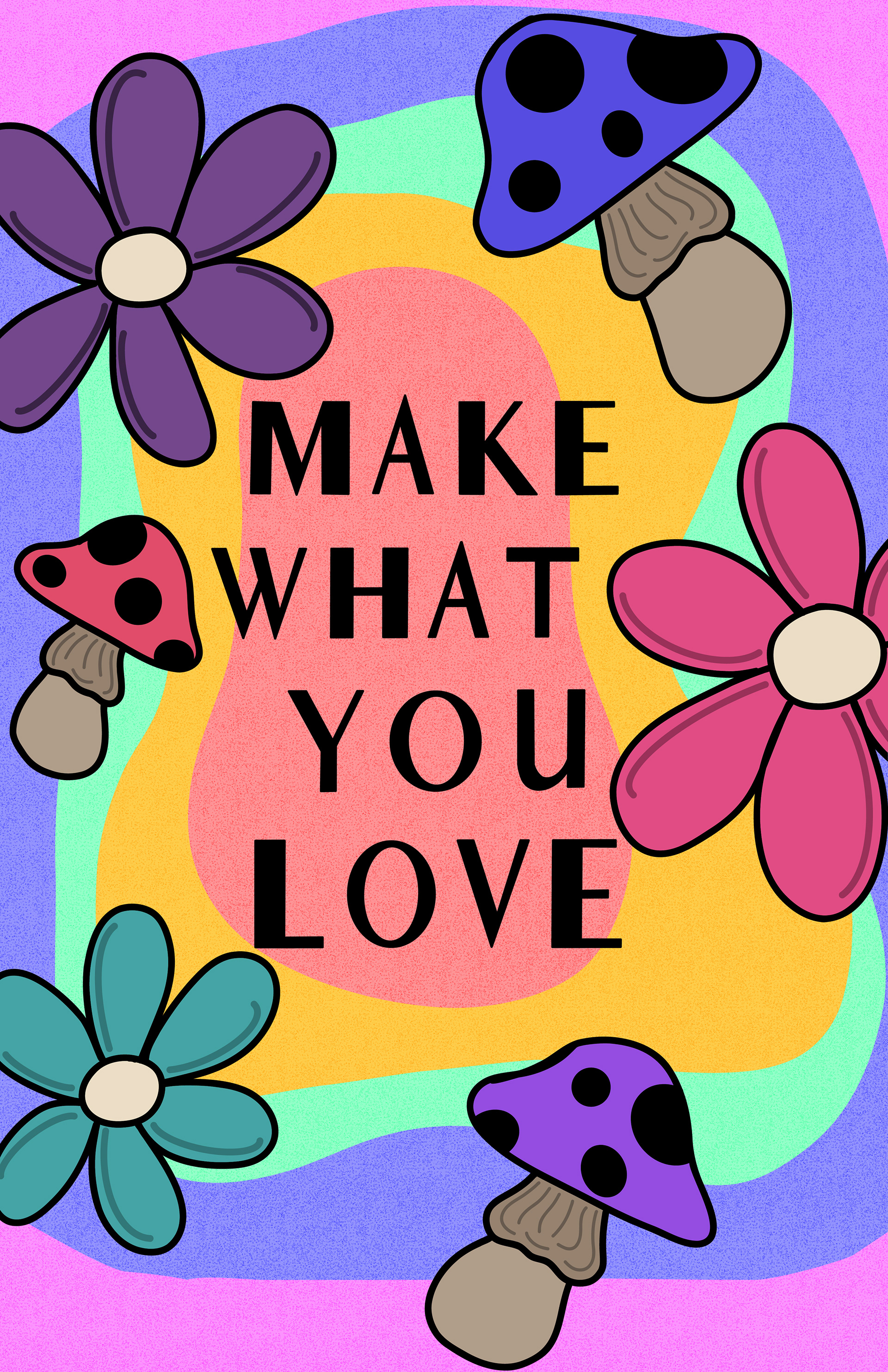 Colorful vector mushrooms, flowers, and text over a gritty retro-theme background