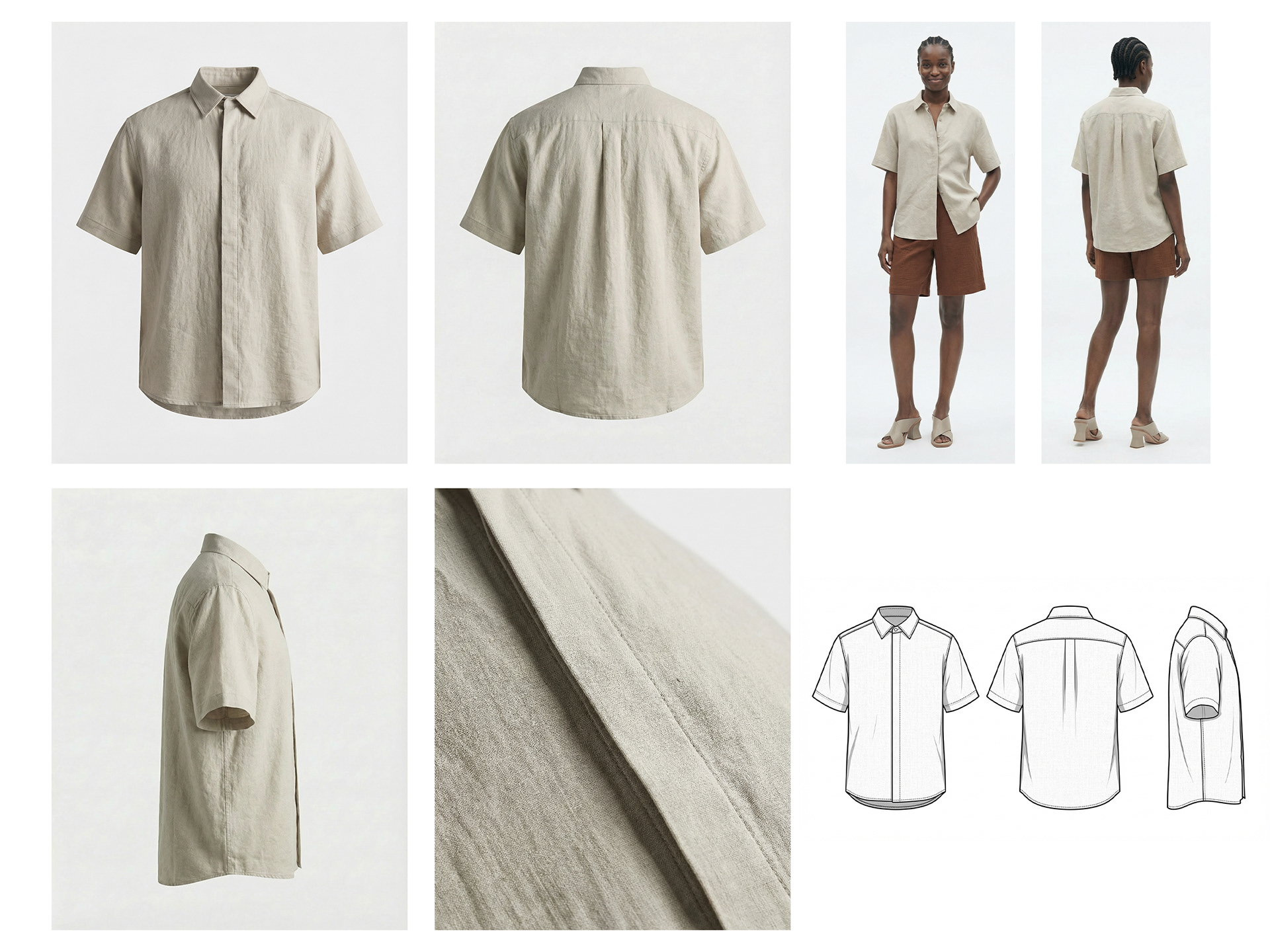 Design + E-commerce-ready photoshoot on model + E-commerce-ready Flat Shots on ghost mannequins + Technical Drawings
