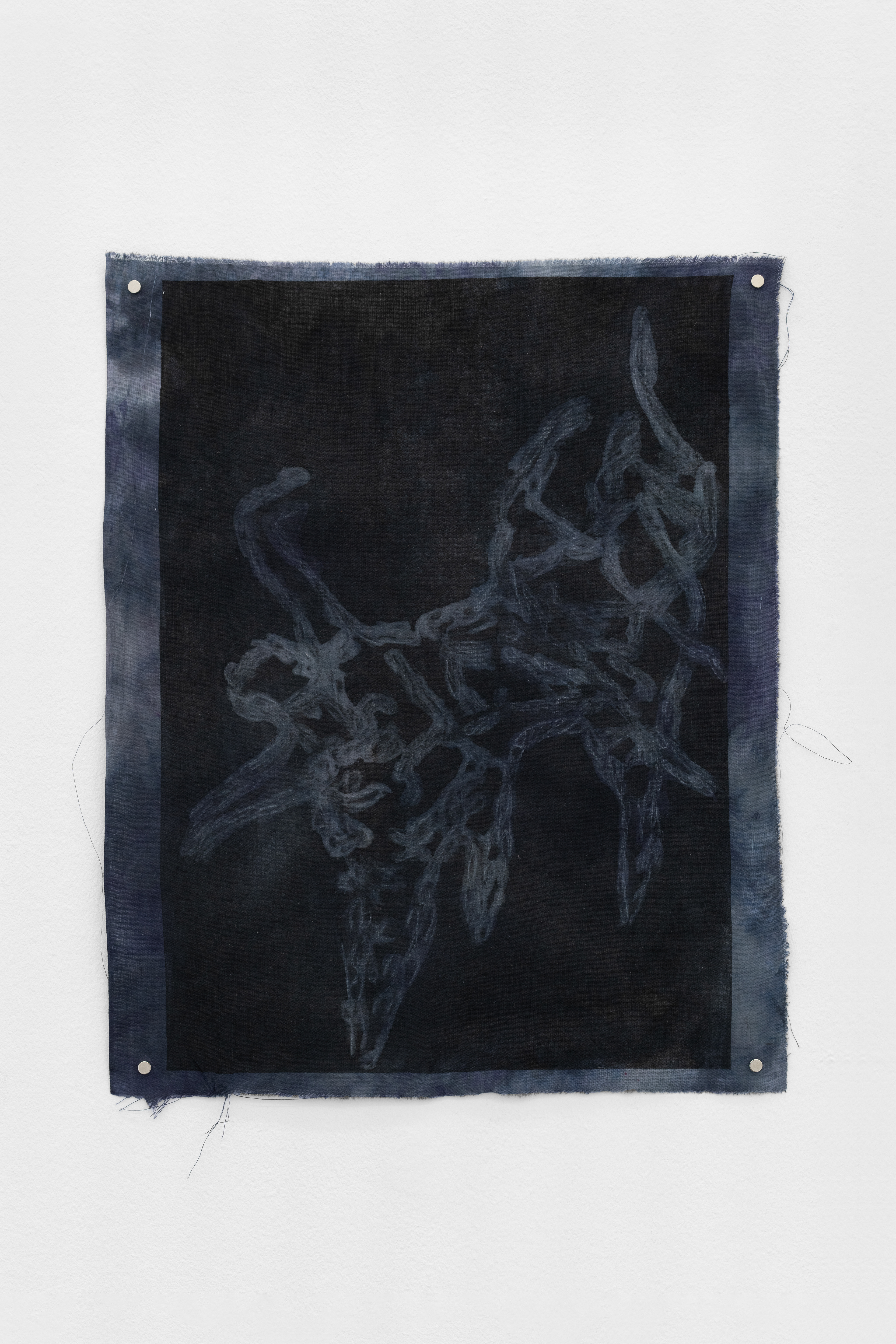 The Cry Takes Root, 2025, Batik, gravure print, oil paint, pencil, pigment dye on cotton blend fabric, 37,5 x 30,5 cm