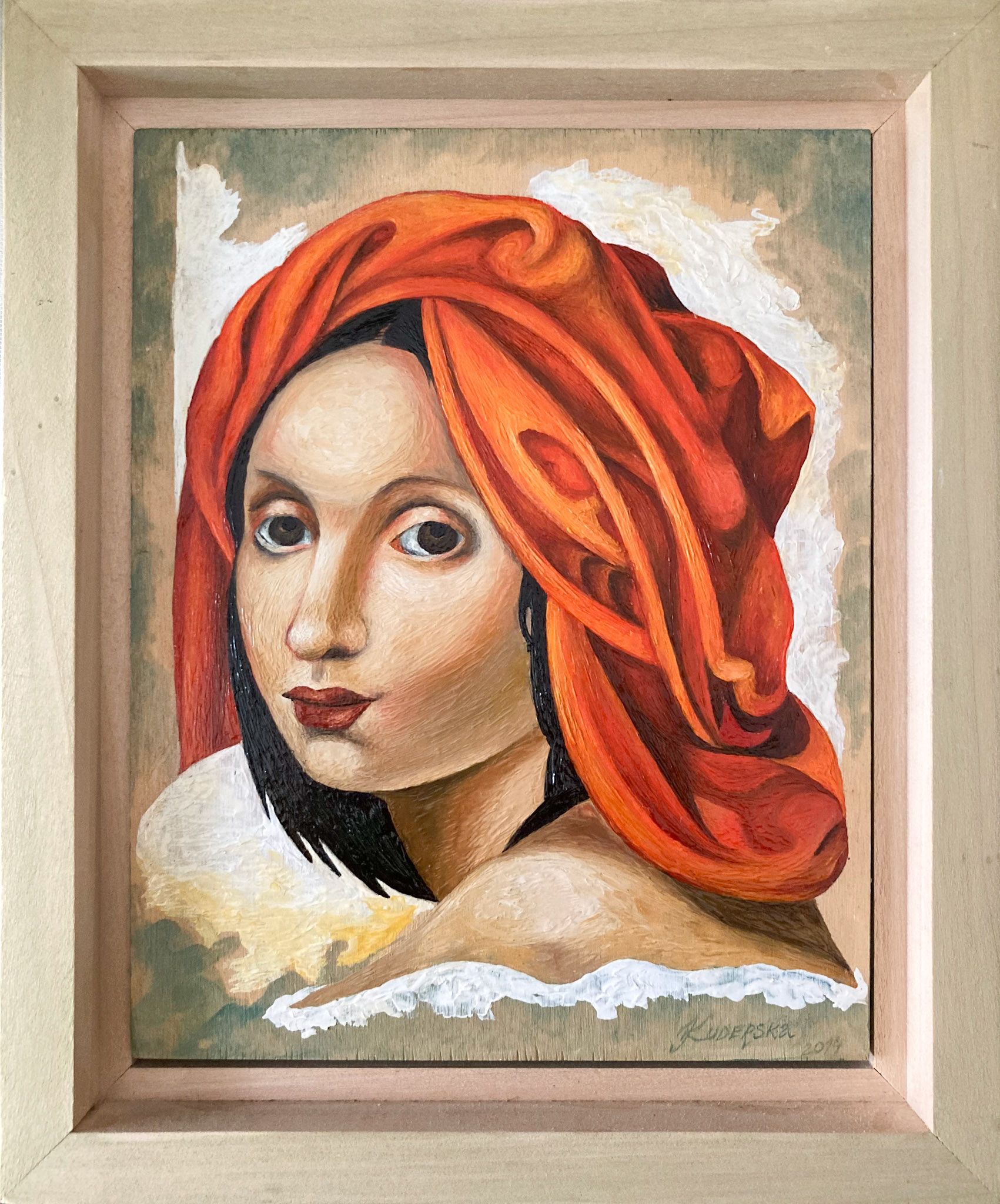 Copy of "The Orange Turban"(T. Lempicka),mix media-hot encaustic&amp;egg tempera, 26x31x3.5cm