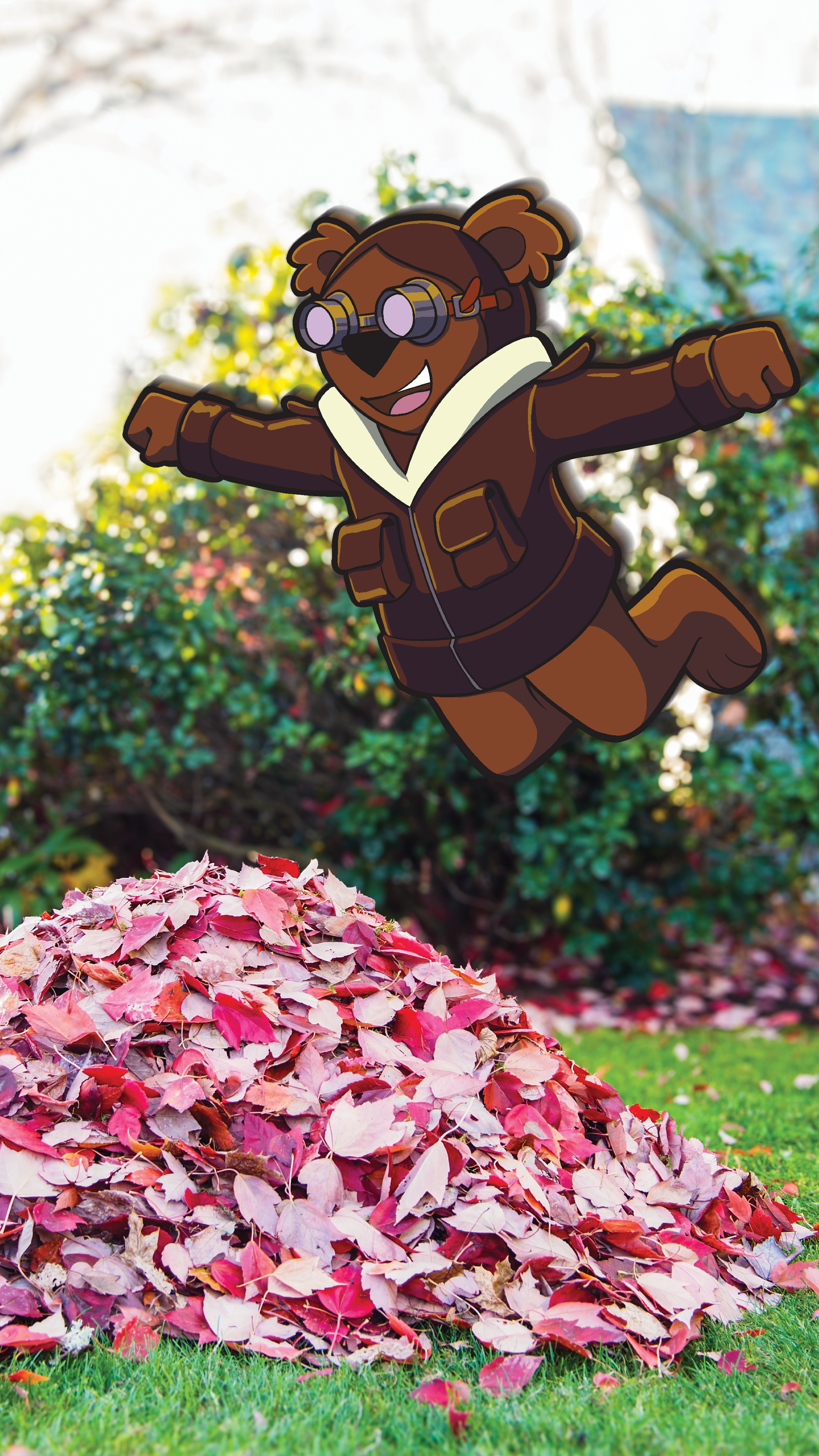 Adventure Ted jumping into a pile of leaves