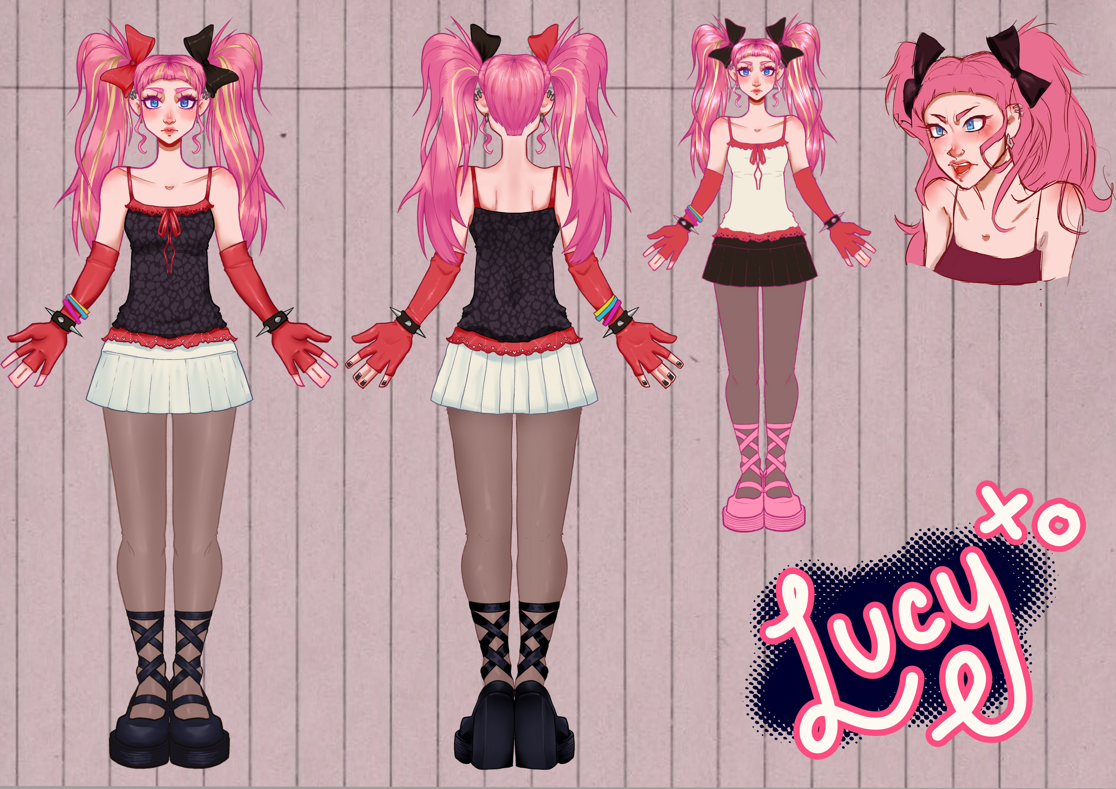 "Lucy, Front & Back" Character semi-turn around, fully rendered; Created February 2026 