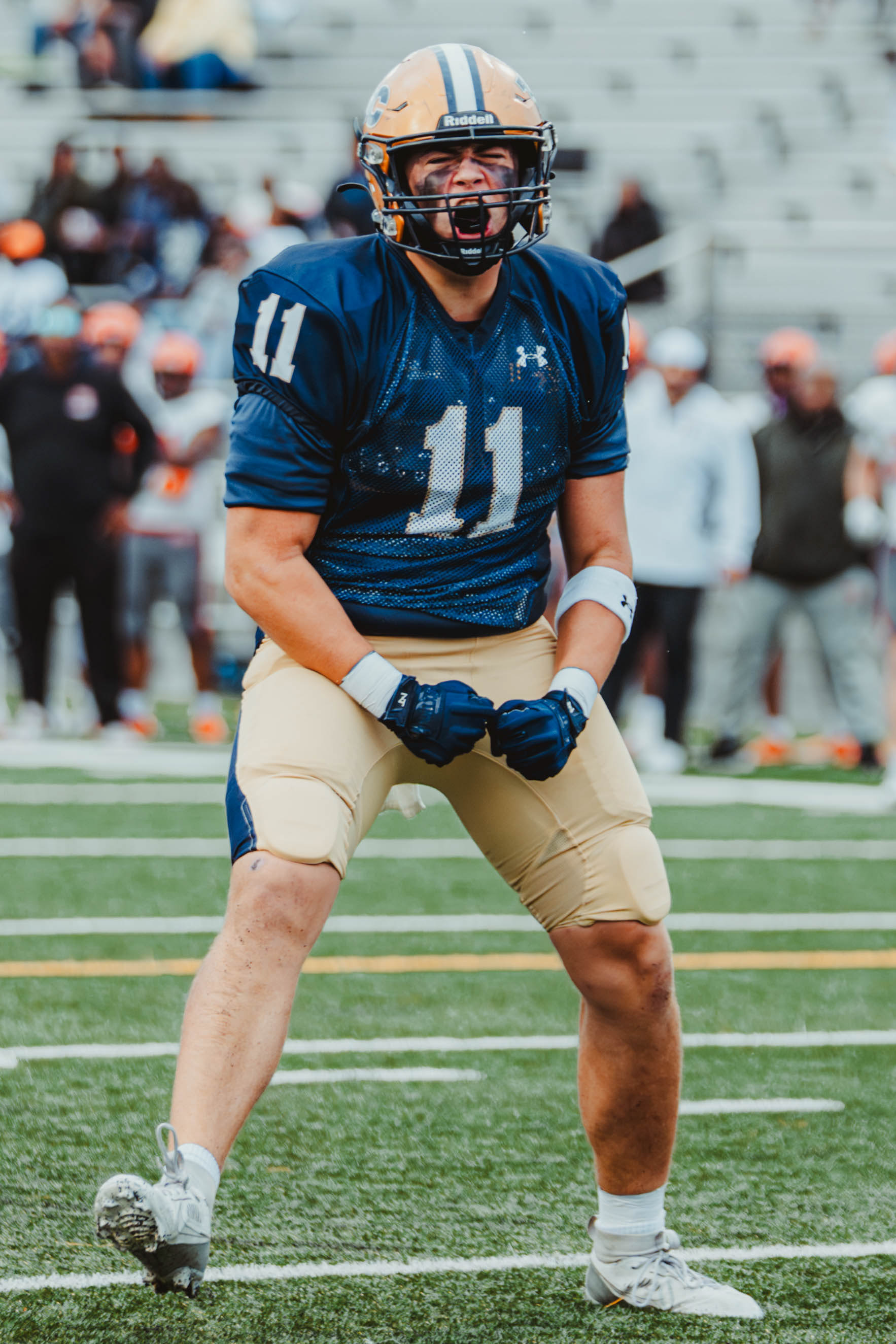 The College of New Jersey defensive lineman Mark Musumeci (11) celebrates after a sack against William Paterson at Lions Stadium in Ewing, N.J., on Oct. 11, 2025. 