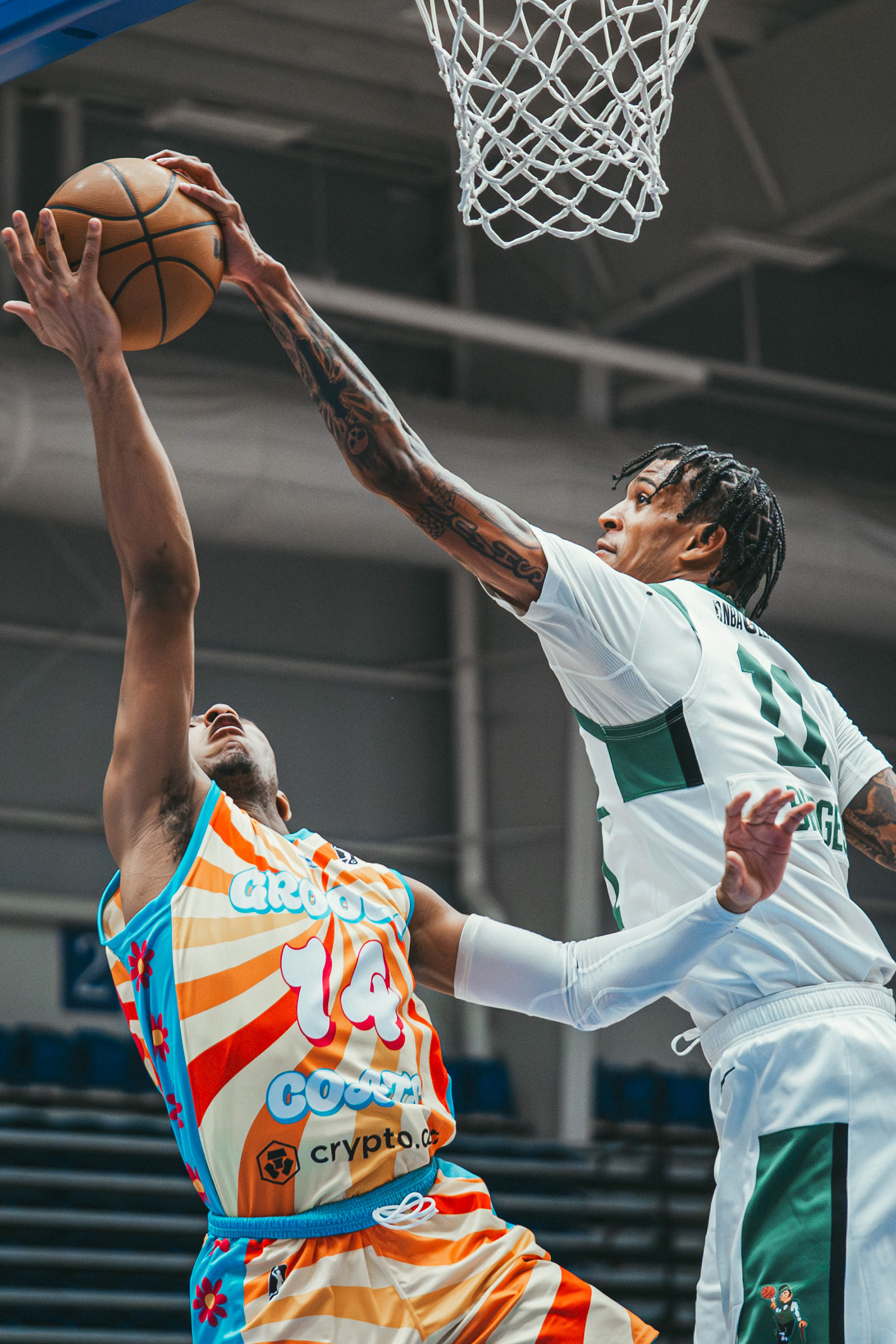 Maine Celtics forward Jalen Bridges (11) blocks a layup attempt by Delaware Blue Coats guard Kennedy Chandler at Chase Fieldhouse on Feb. 22, 2026.
