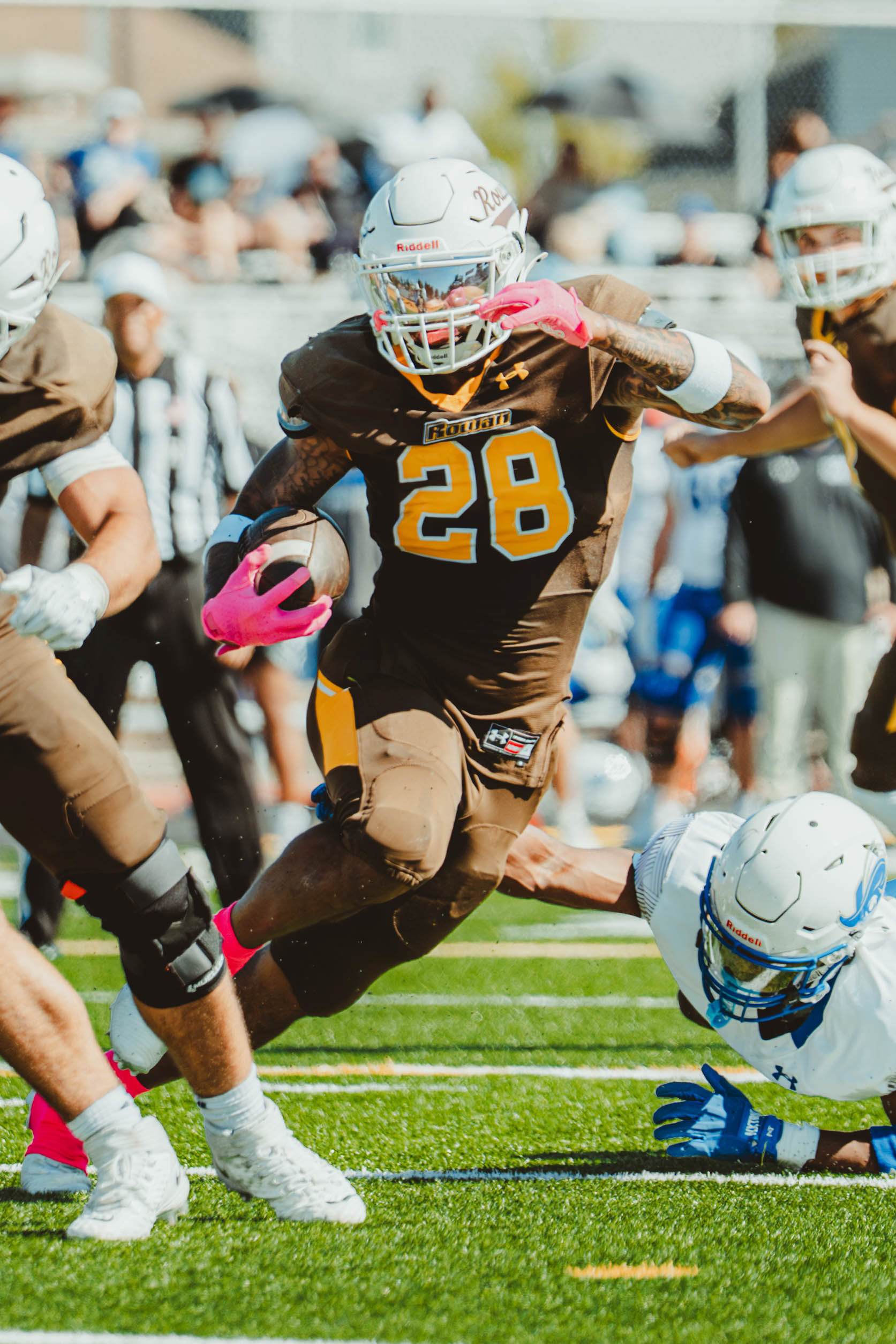 Rowan University running back Nunes Bukula IV (28) carries the ball against Christopher Newport at Coach Richard Wackar Stadium in Glassboro, N.J., on Oct. 4, 2025.