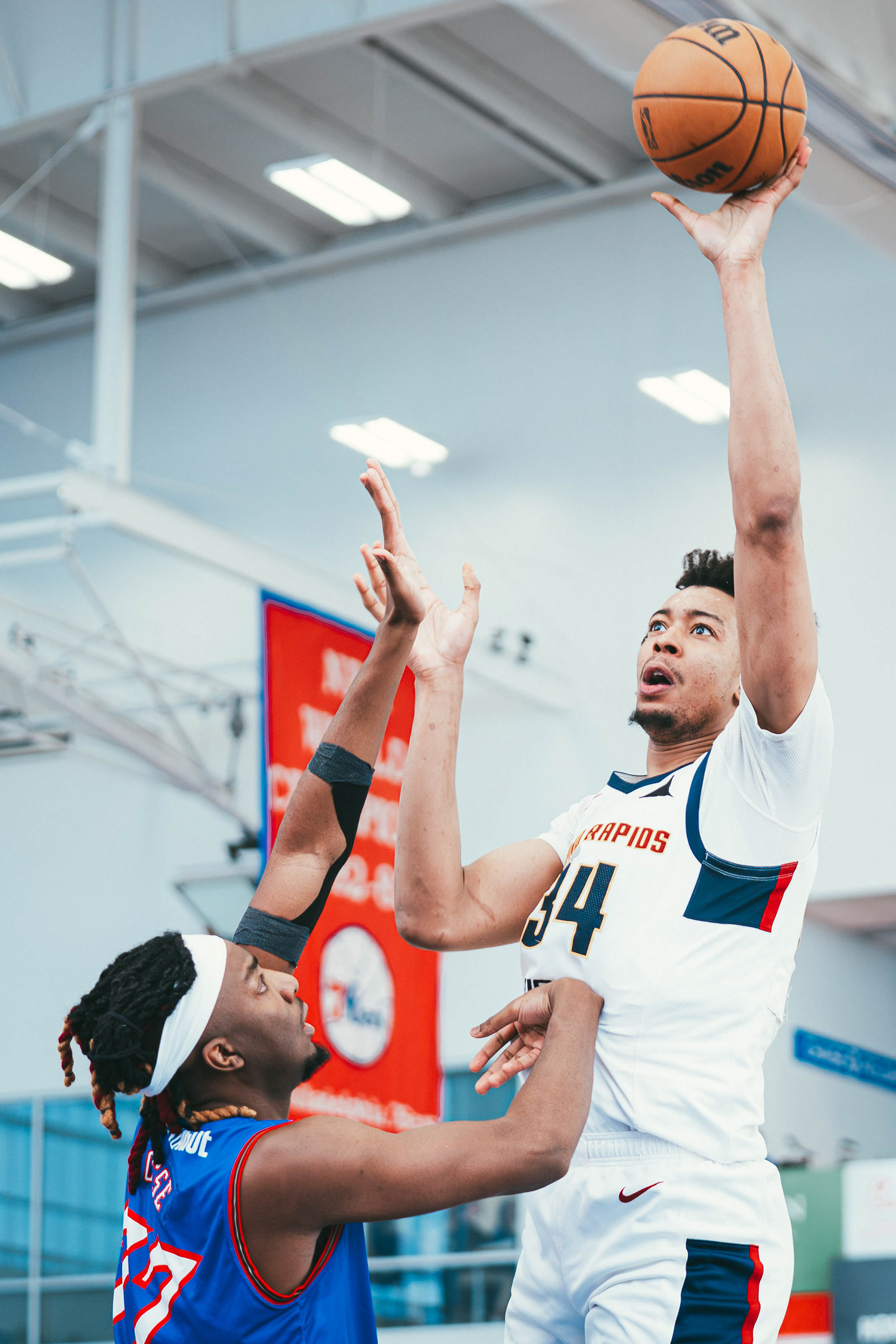 Grand Rapids Gold center Moses Brown (34) attempts a shot during a game against the Delaware Blue Coats at Chase Fieldhouse on March 1, 2026.