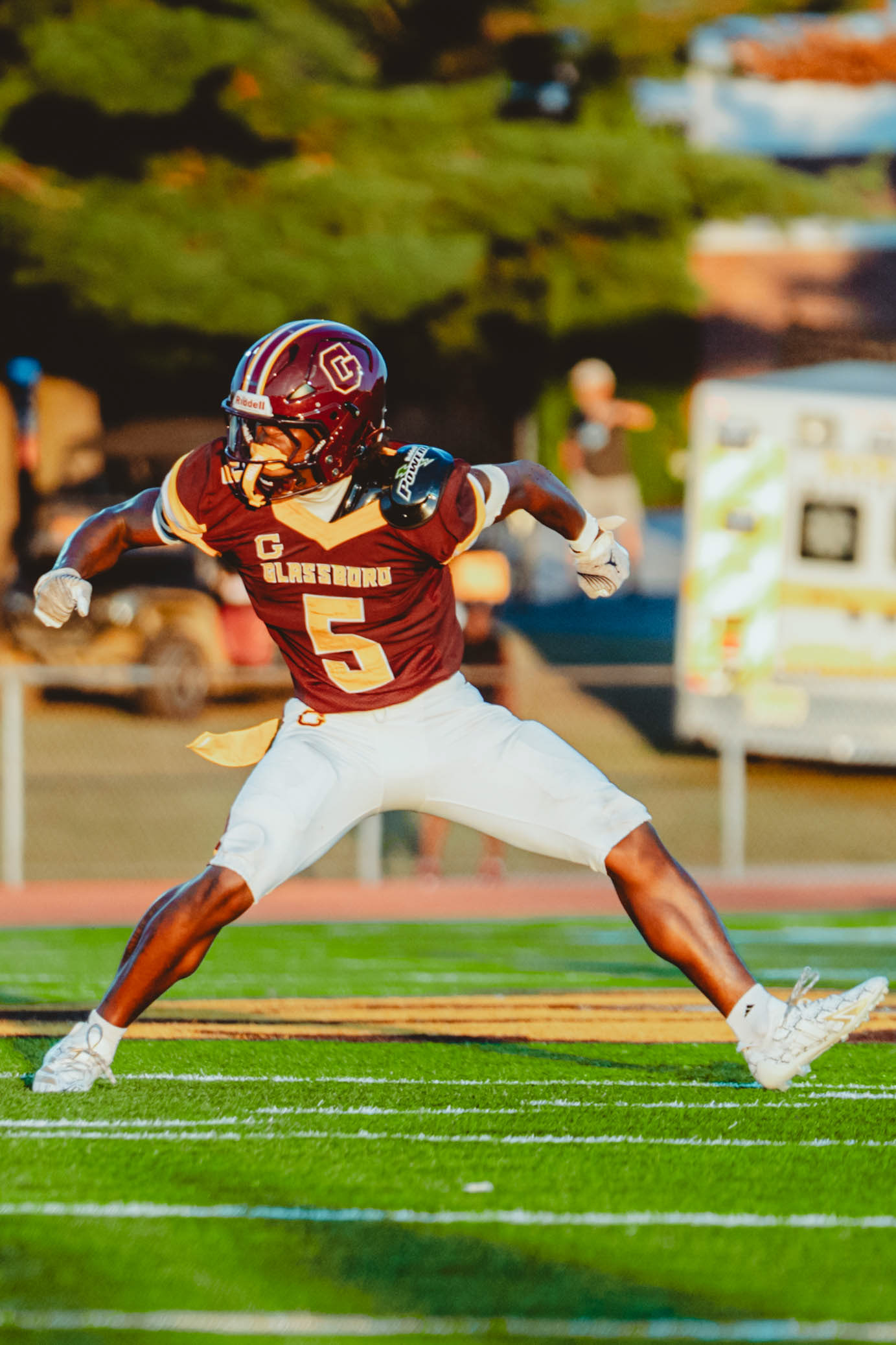 Glassboro High School football player Davon Barr (5) celebrates a fourth-down turnover against Haddonfield High School during the Battle at the Beach tournament at Coach Richard Wackar Stadium in Glassboro, N.J., on Aug. 30, 2025.