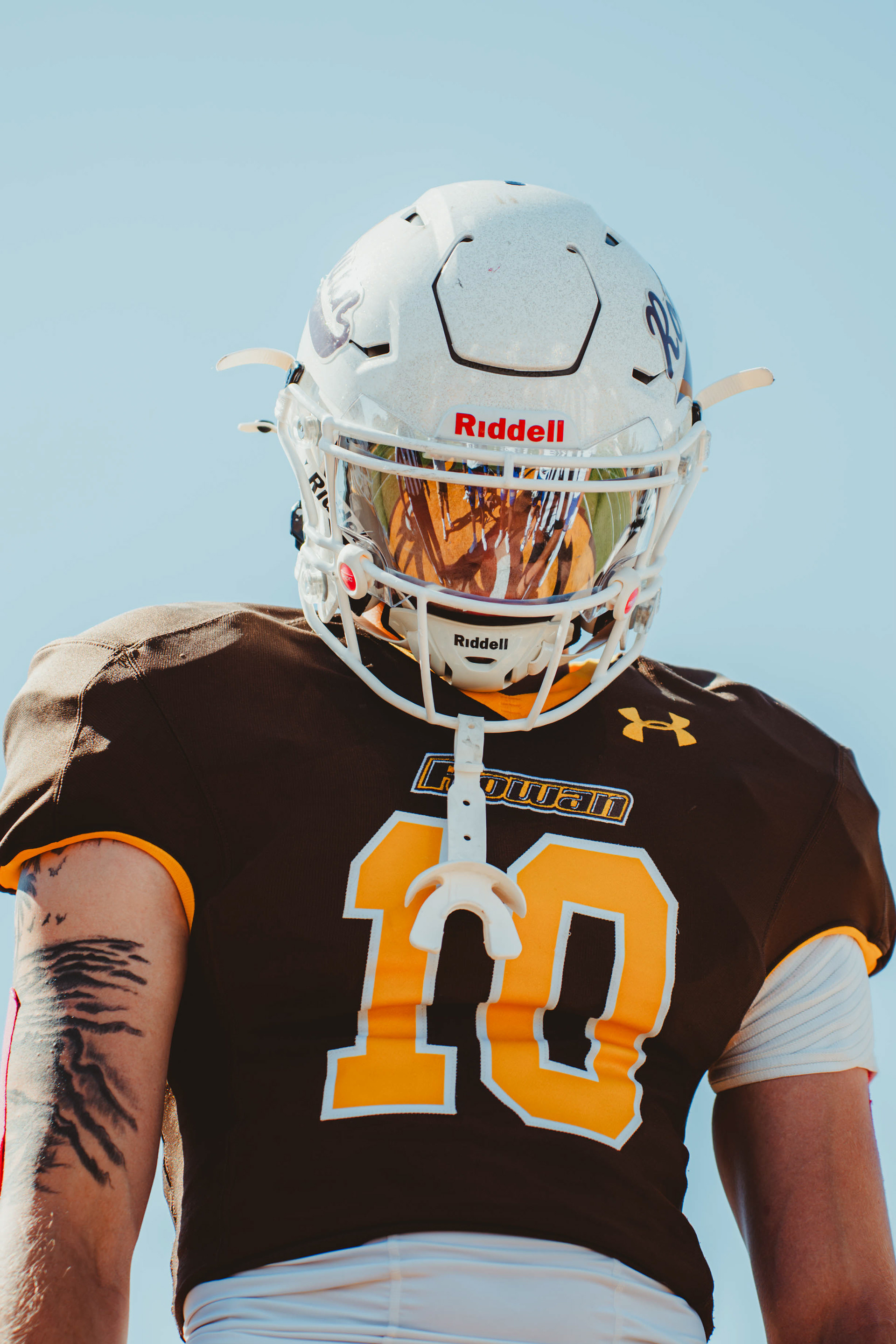 Rowan University defensive back AJ Ryker (10) stands during the pregame captains meeting prior to a game against Salisbury University at Coach Richard Wackar Stadium in Glassboro, N.J., on Oct. 25, 2025.