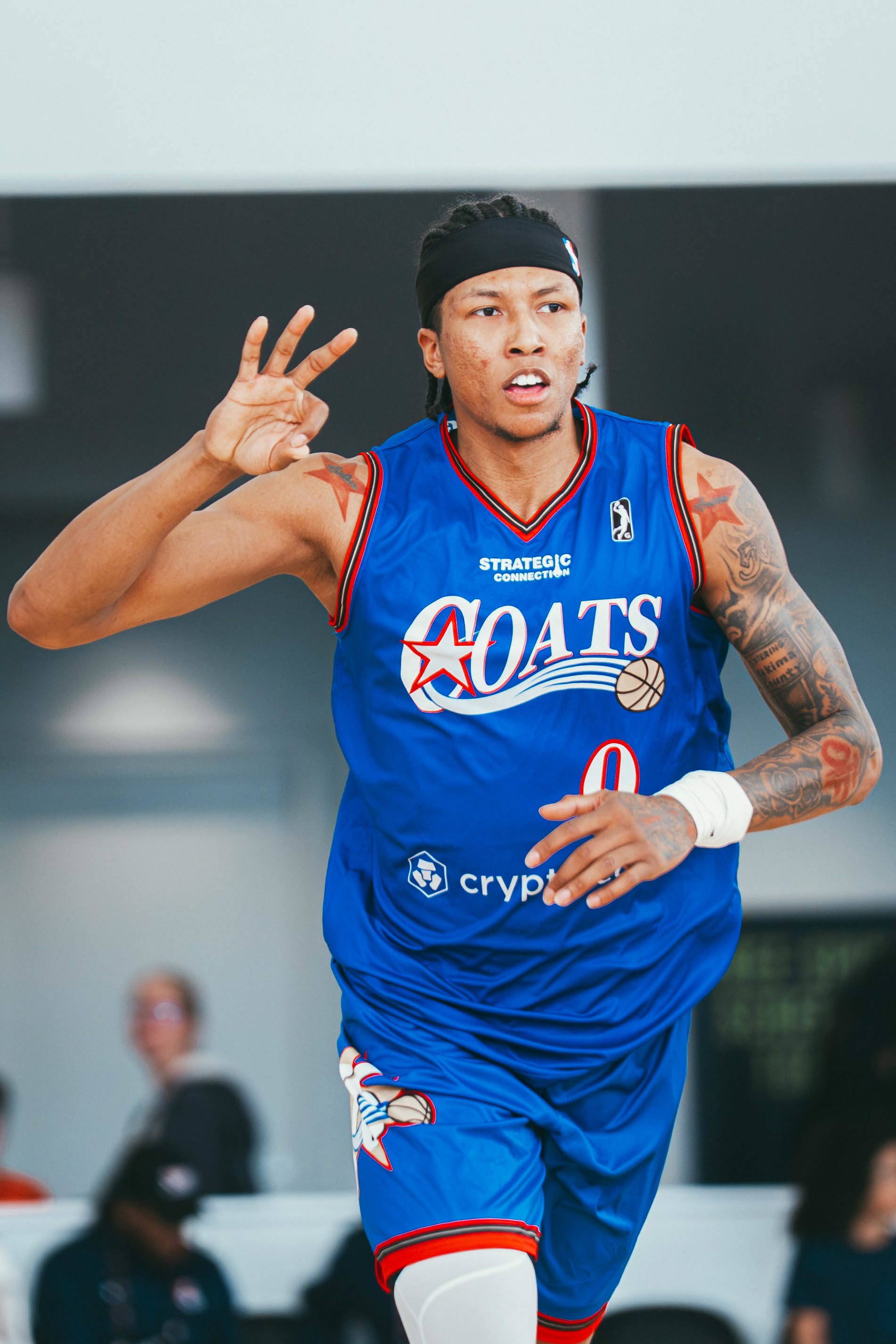 Delaware Blue Coats forward MarJon Beauchamp (0) celebrates after making a three-point basket against the Grand Rapids Gold at Chase Fieldhouse on March 1, 2026.