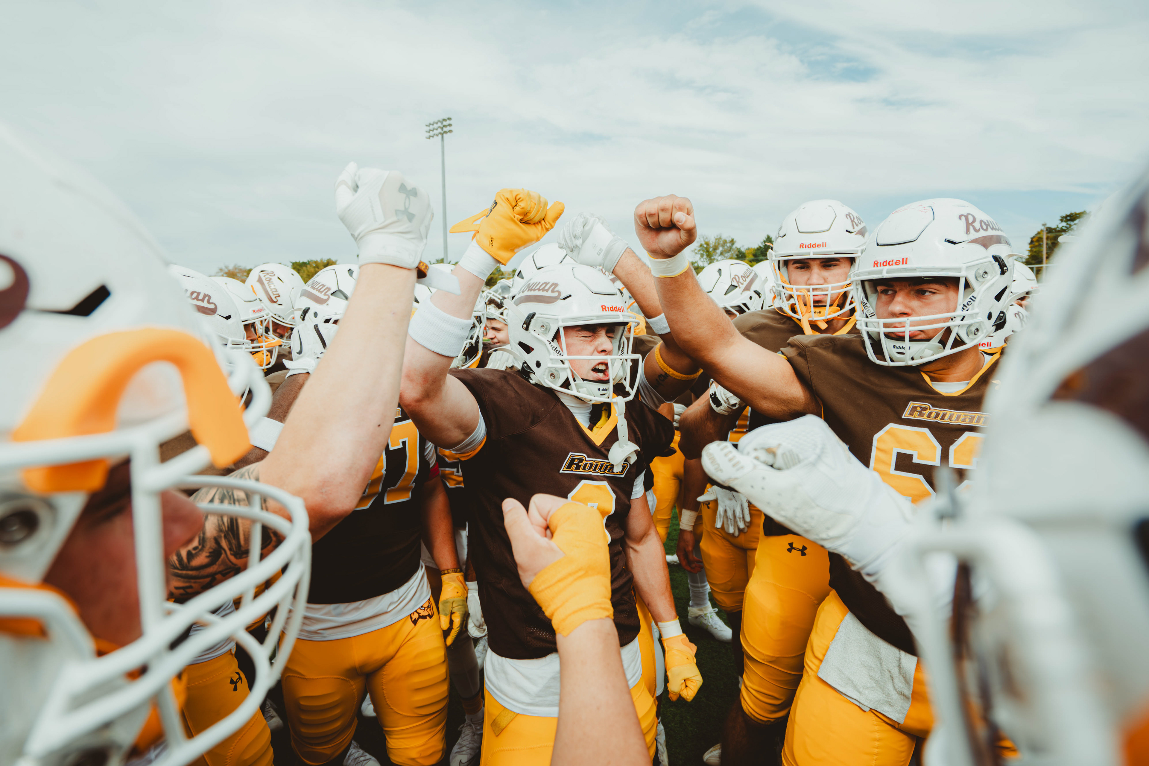 Rowan University wide receiver Shane Martin (0) hypes up teammates before a game against William Paterson University at Coach Richard Wackar Stadium in Glassboro, N.J., on Oct. 18, 2025.