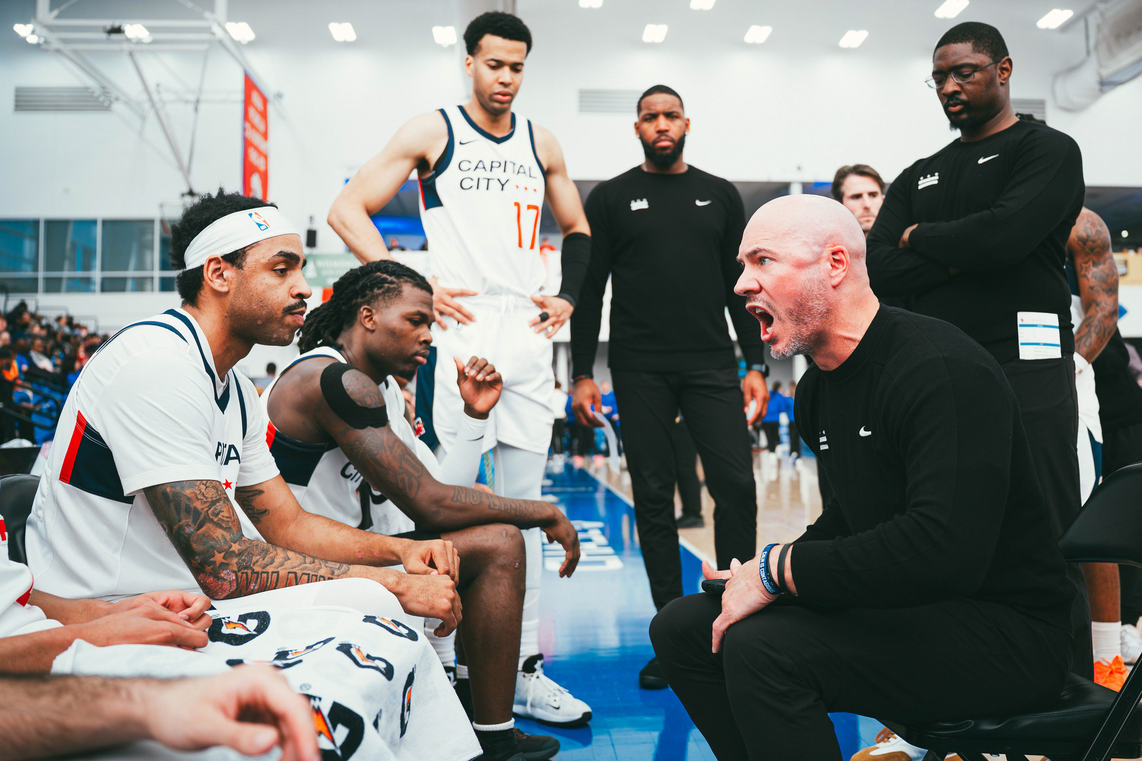 Capital City Go-Go head coach Cody Toppert addresses his team during a timeout in the second half against the Delaware Blue Coats at Chase Fieldhouse in Wilmington, DE., on Mar. 29, 2026.