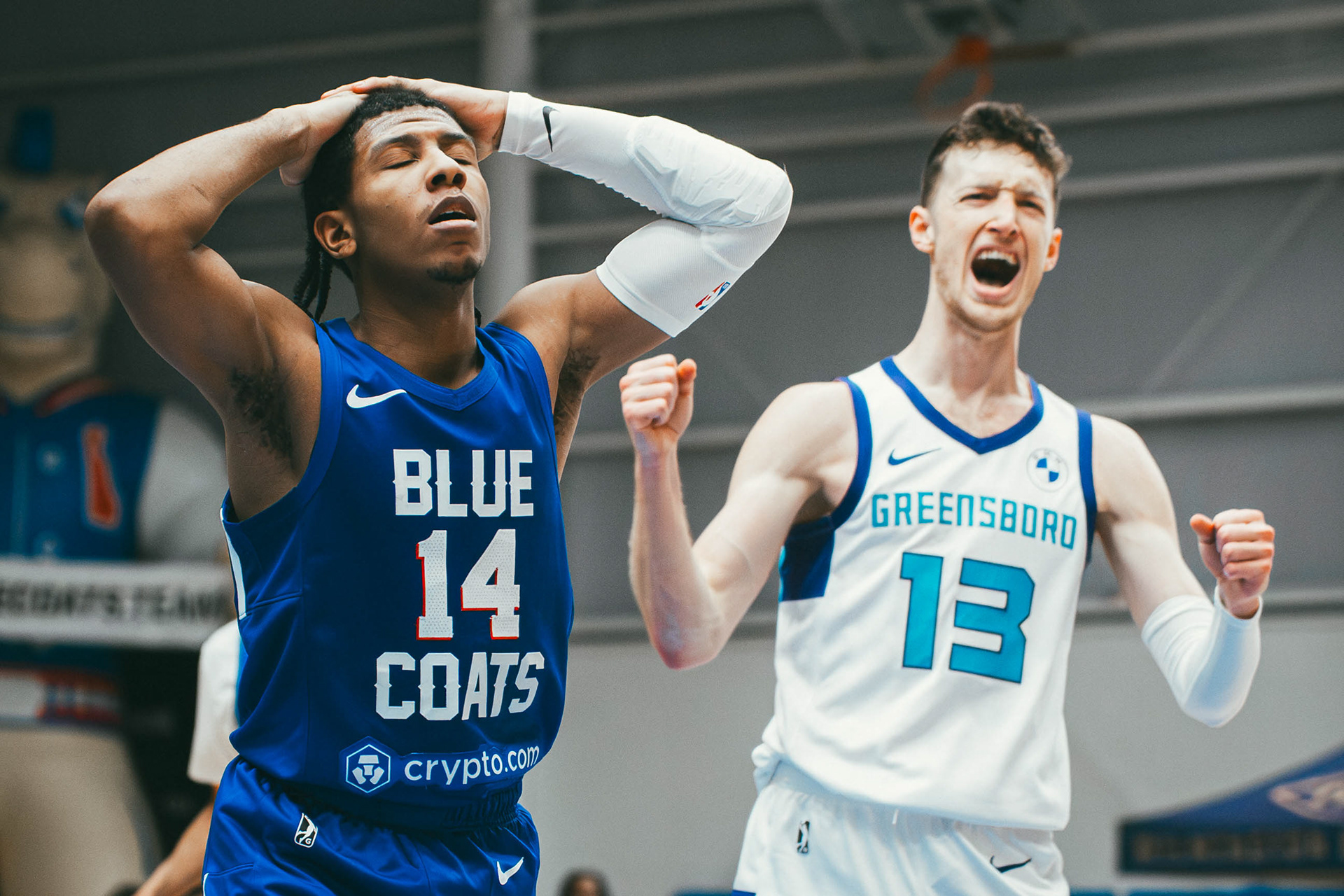 Greensboro Swarm forward Dre Peterson (13) celebrates block on Blue Coats guard Kennedy Chandler (14). The Swarm played the Blue Coats at Chase Fieldhouse in Wilmington, DE., on Nov. 14, 2025.