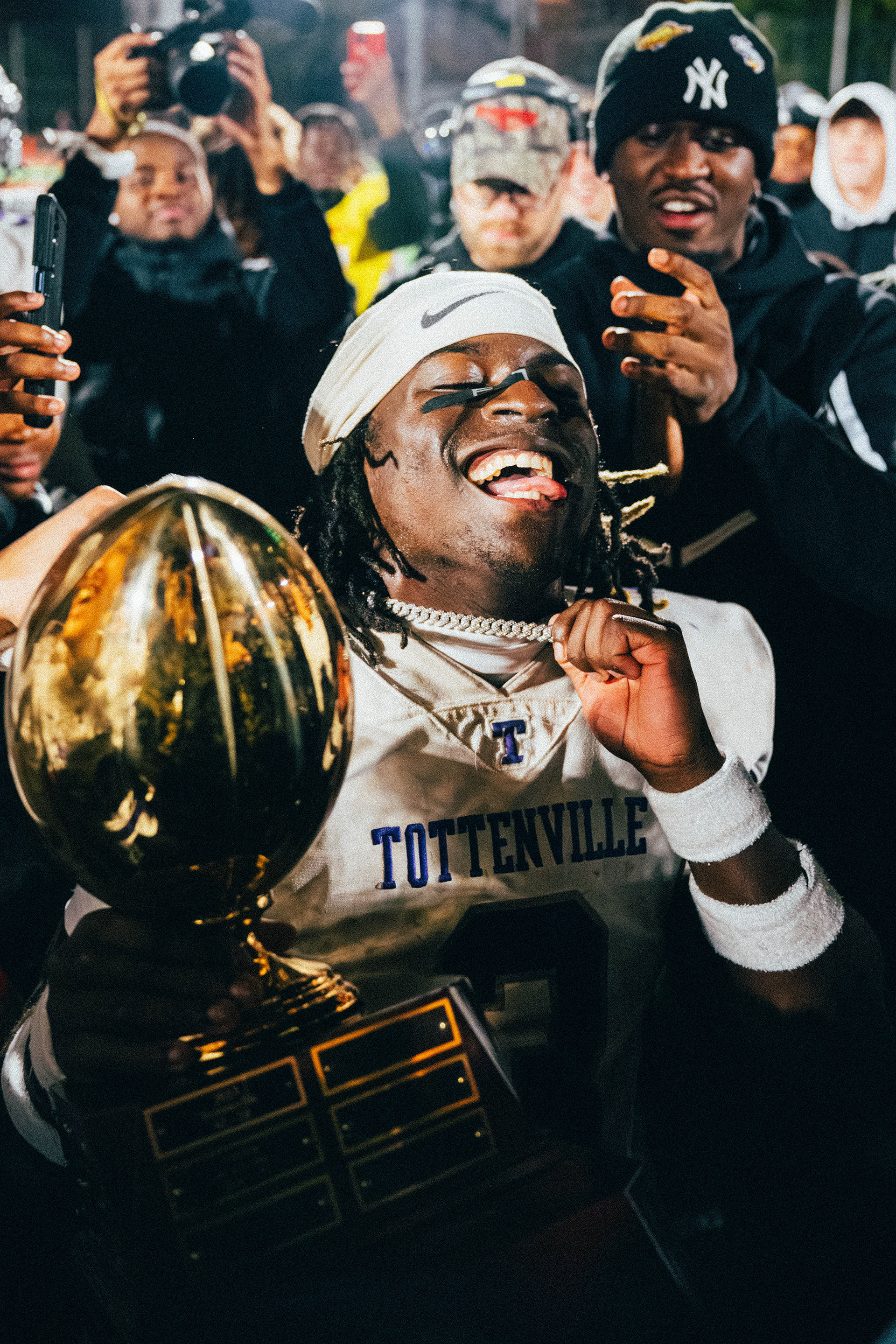Tottenville High School wide receiver James Maghsoudlou (3) celebrates a 14-13 win over Curtis High School in Staten Island, N.Y., on Nov. 7, 2025.