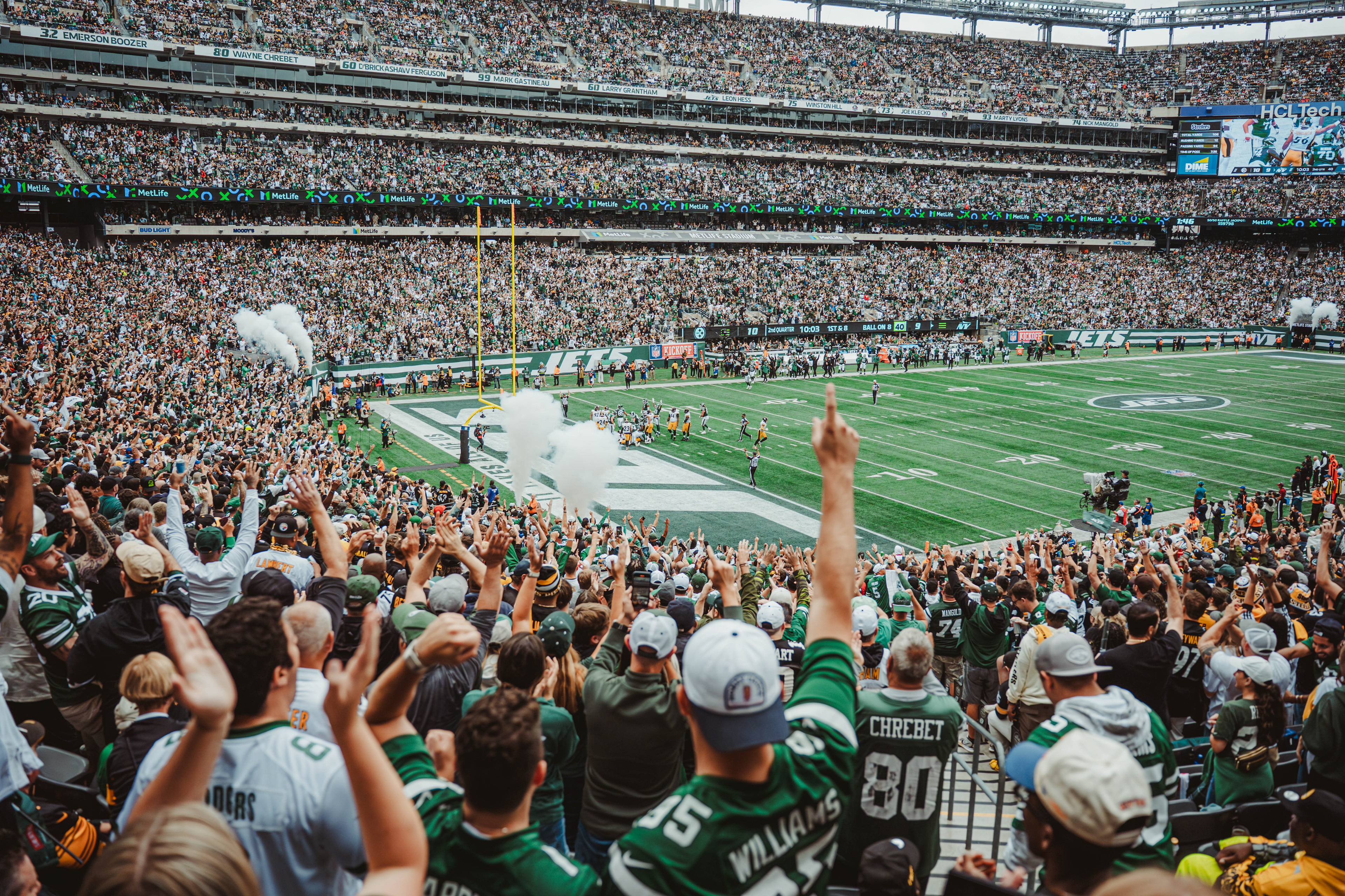 Fans celebrate after a New York Jets touchdown against the Pittsburgh Steelers. The teams met in a regular season matchup at MetLife Stadium in East Rutherford, N.J., on Sep. 7, 2025.