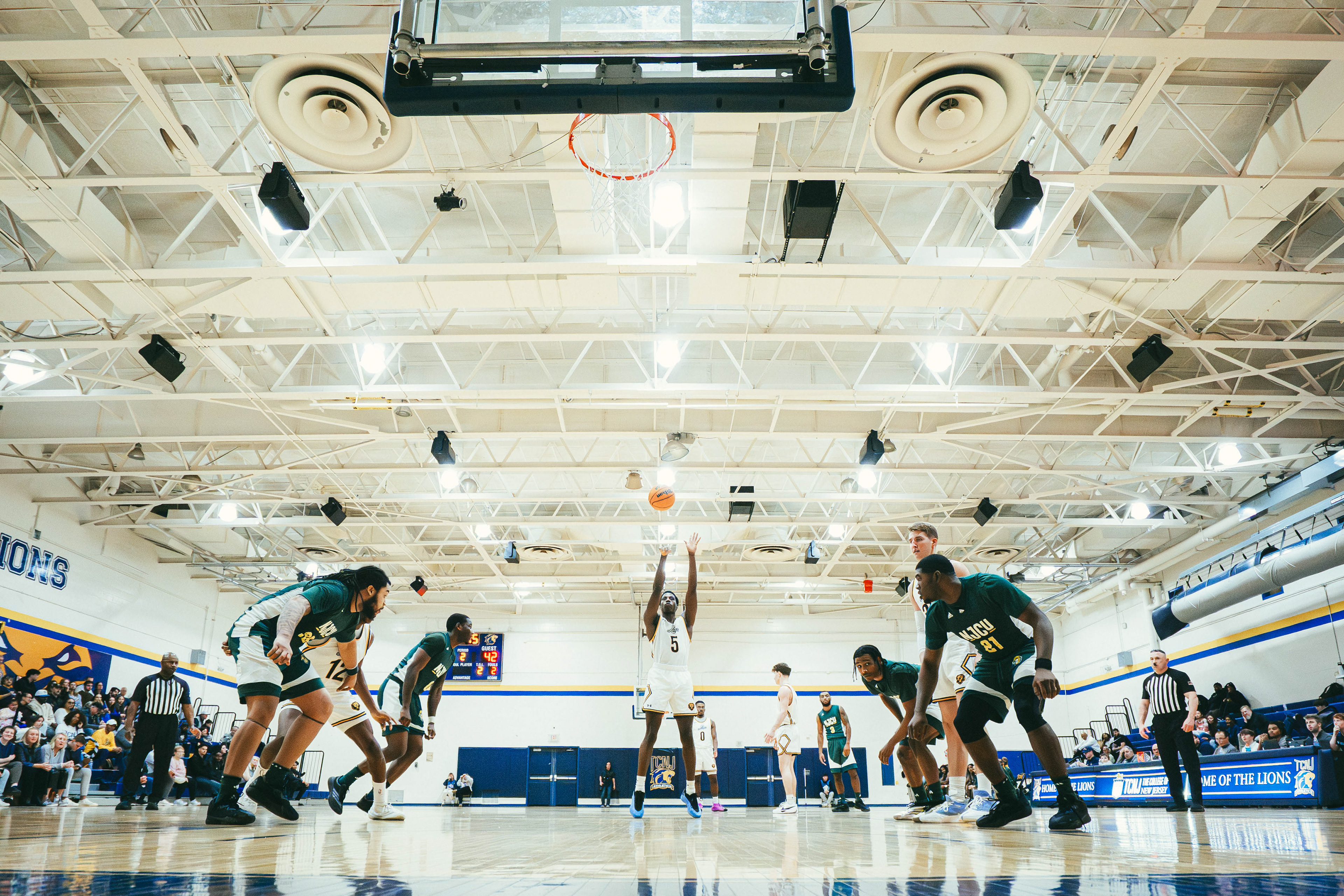 The College of New Jersey guard Jonathan Okocha (5) free-throw attempt against New Jersey City University at Packer Hall in Ewing, N.J., on Jan. 17, 2026.