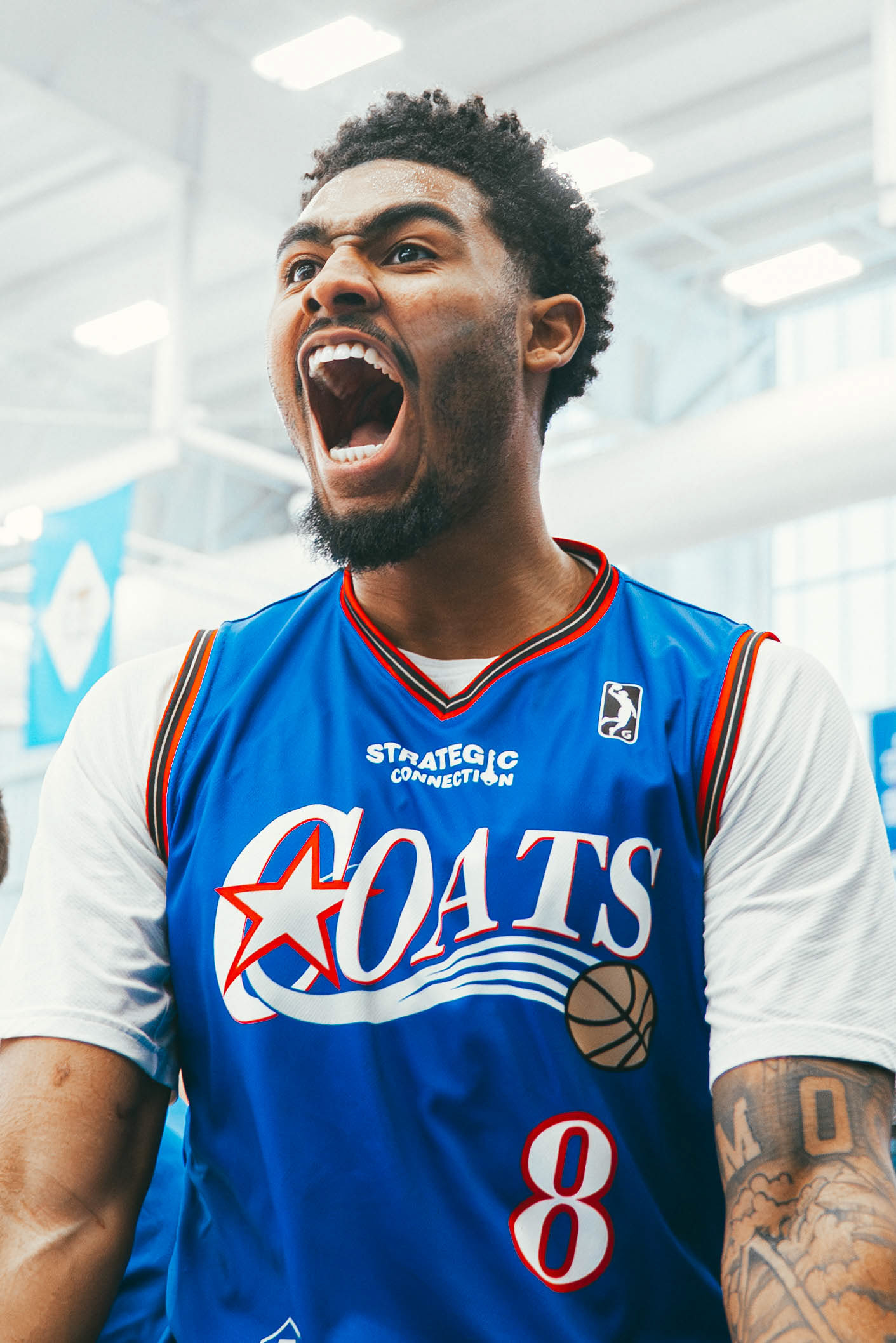 Delaware Blue Coats forward Saint Thomas (8) celebrates win over Iowa Wolves. The Blue Coats hosted the Wolves at Chase Fieldhouse in Wilmington, DE., on Dec. 31, 2025.