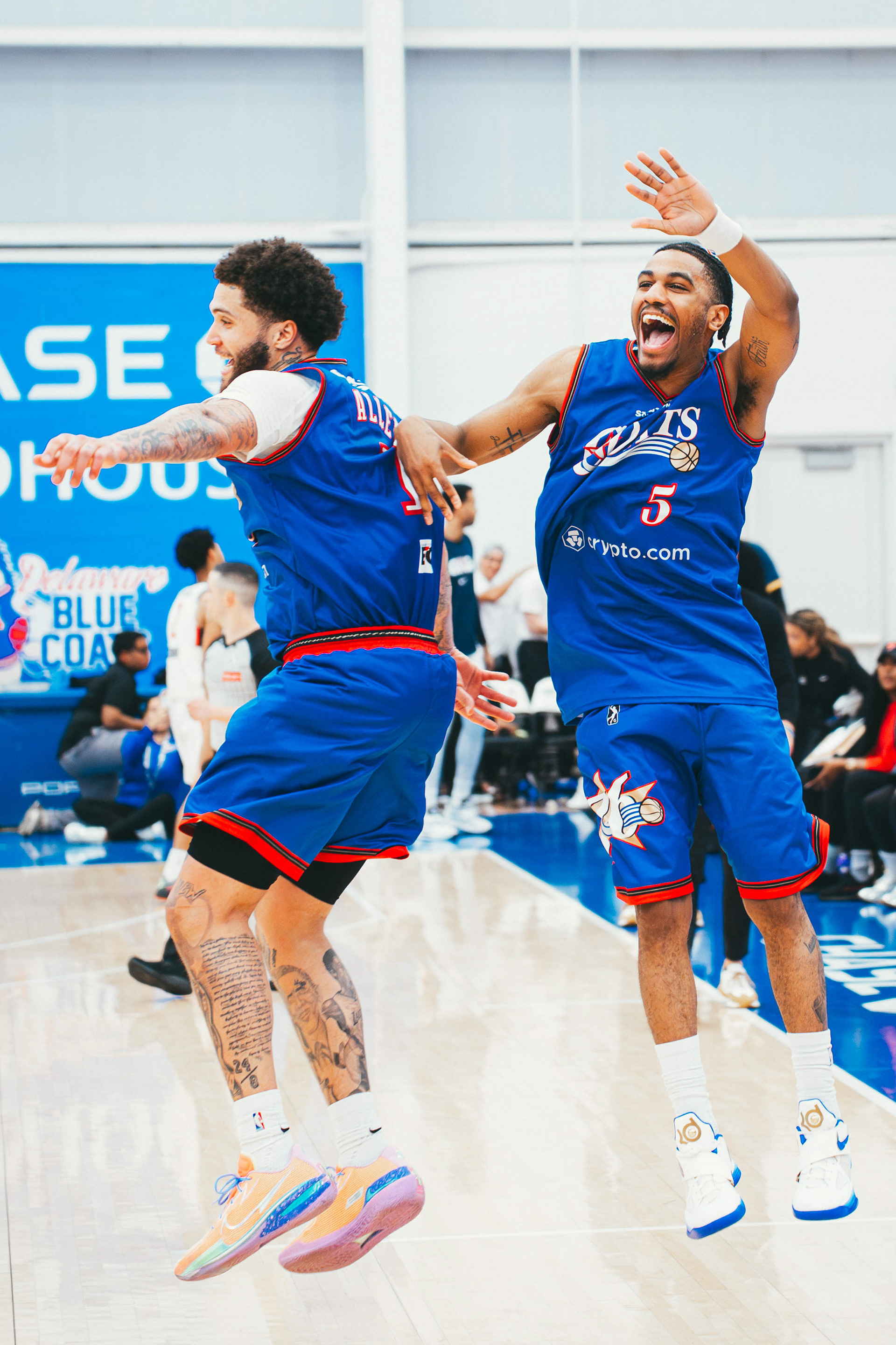 Delaware Blue Coats guard Kellen Tynes (5) and Teddy Allen (8) celebrate after a 120-122 overtime win against Capital City Go-Go  The Blue Coats hosted Capital city at Chase Fieldhouse in Wilmington, DE., on Mar. 28, 2026.