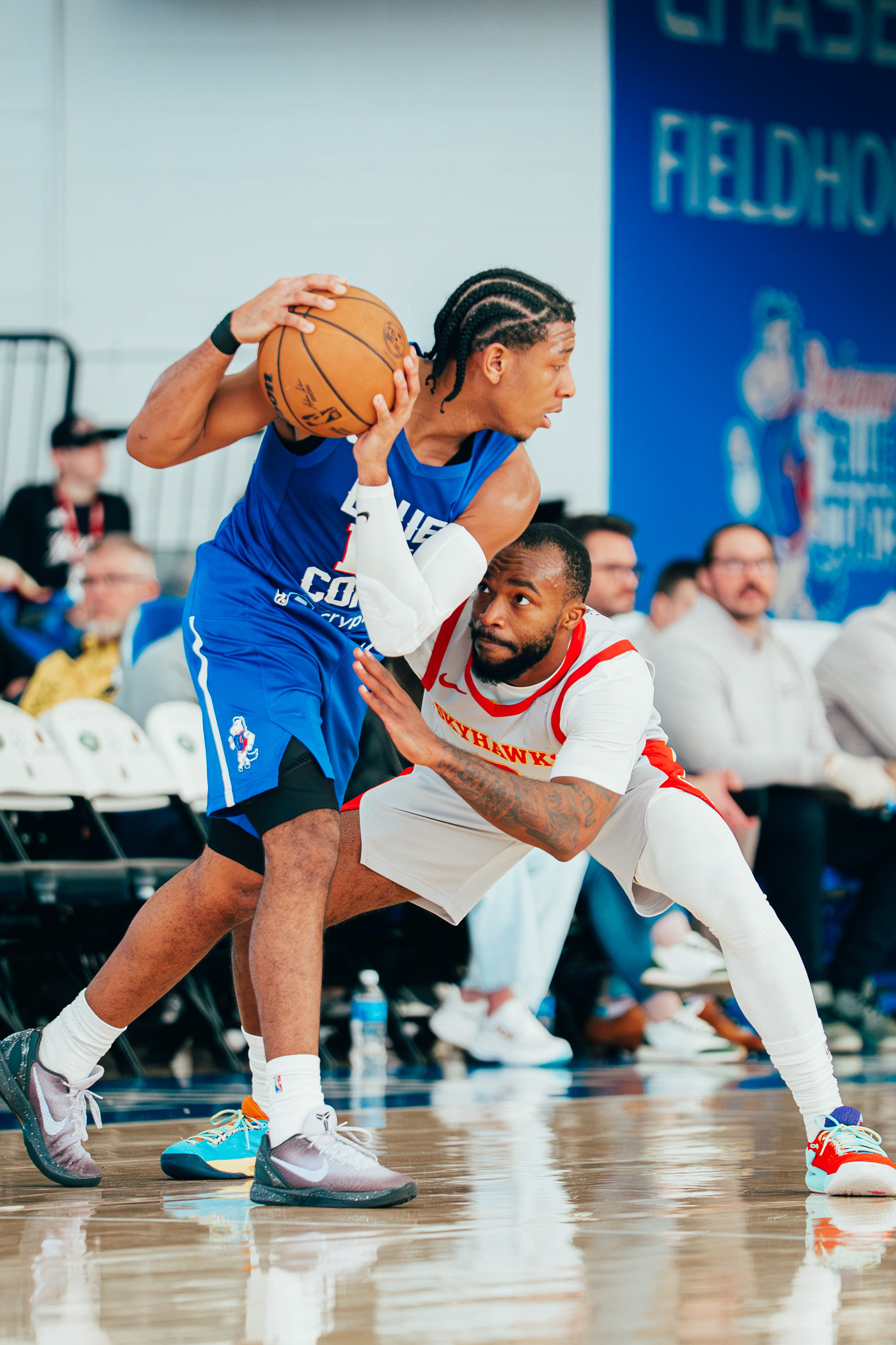 College Park Skyhawks guard Dwight Murray Jr (5) defends Delaware Blue Coats guard Kennedy Chandler (14). The Blue Coats hosted the Skyhawks at Chase Fieldhouse in Wilmington, DE., on Nov. 29, 2025.