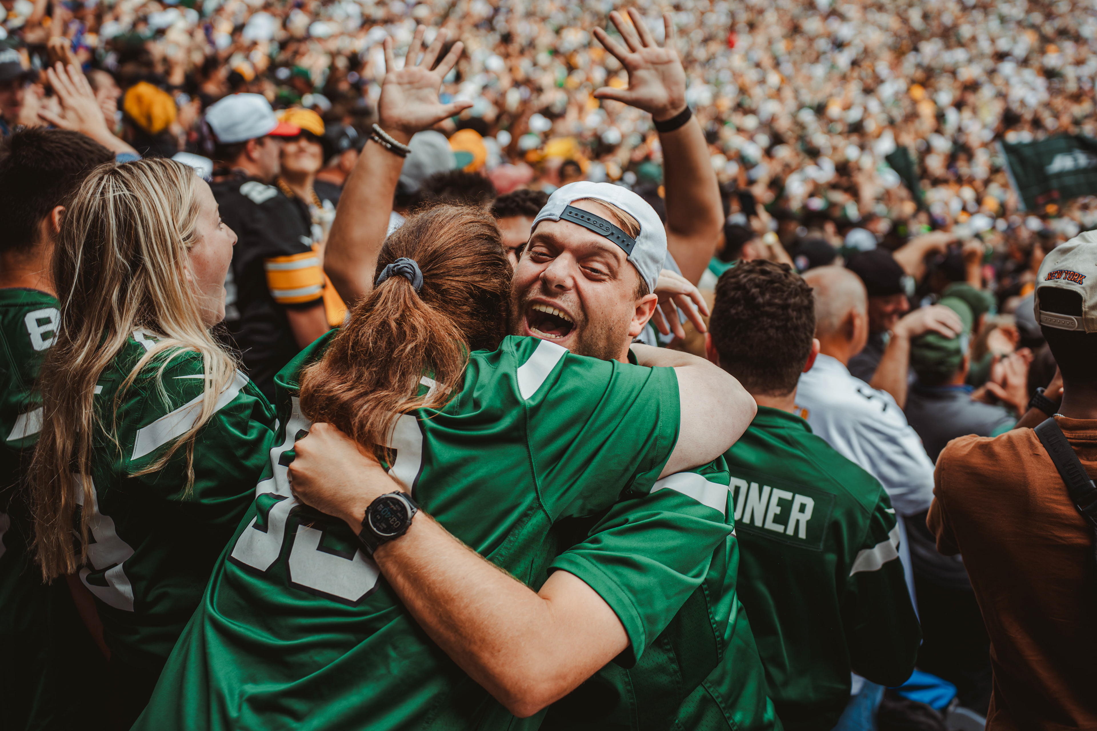 Fans celebrate a New York Jets touchdown against the Pittsburgh Steelers at MetLife Stadium in East Rutherford, N.J., on Sep. 7, 2025.