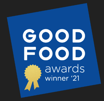 Blue square with the text Good Food awards winner 21