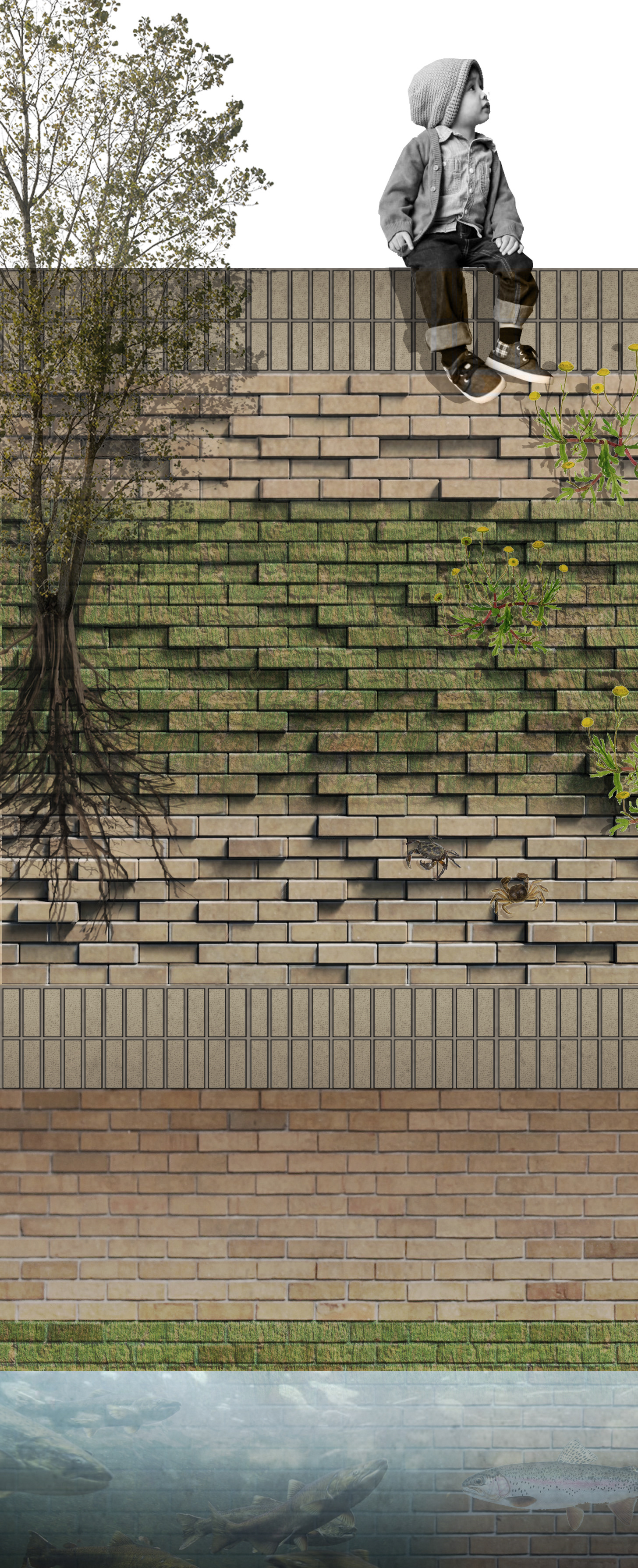 detail van nieuwe muur op bestaand stelsel