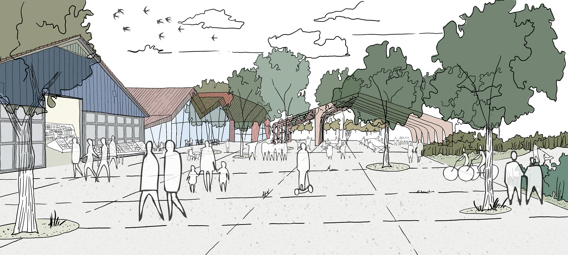 impressie van het openbare Domeinplein met de hofwinkel, hofzaal en bakkerij