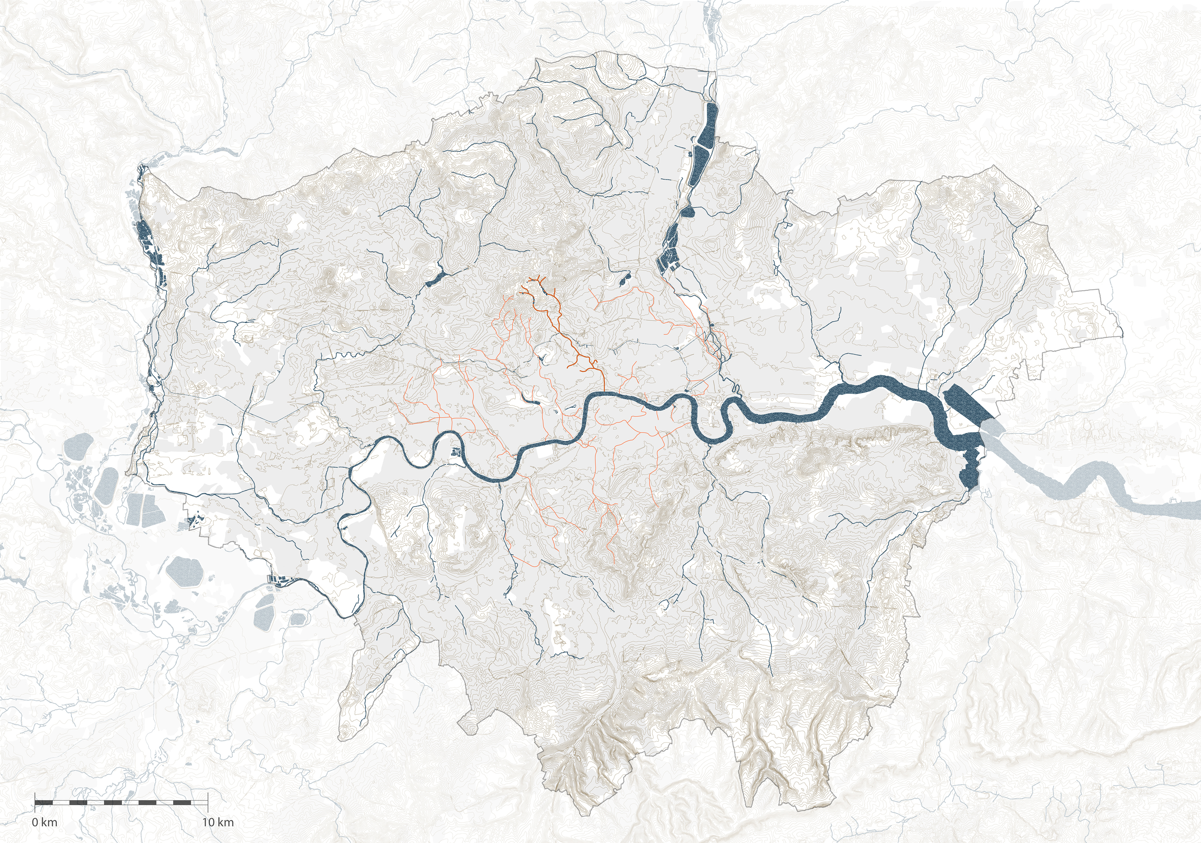 in rood voormalige rivieren die nu ondergronds zijn gebracht, de voormalige Fleet River uitgelicht