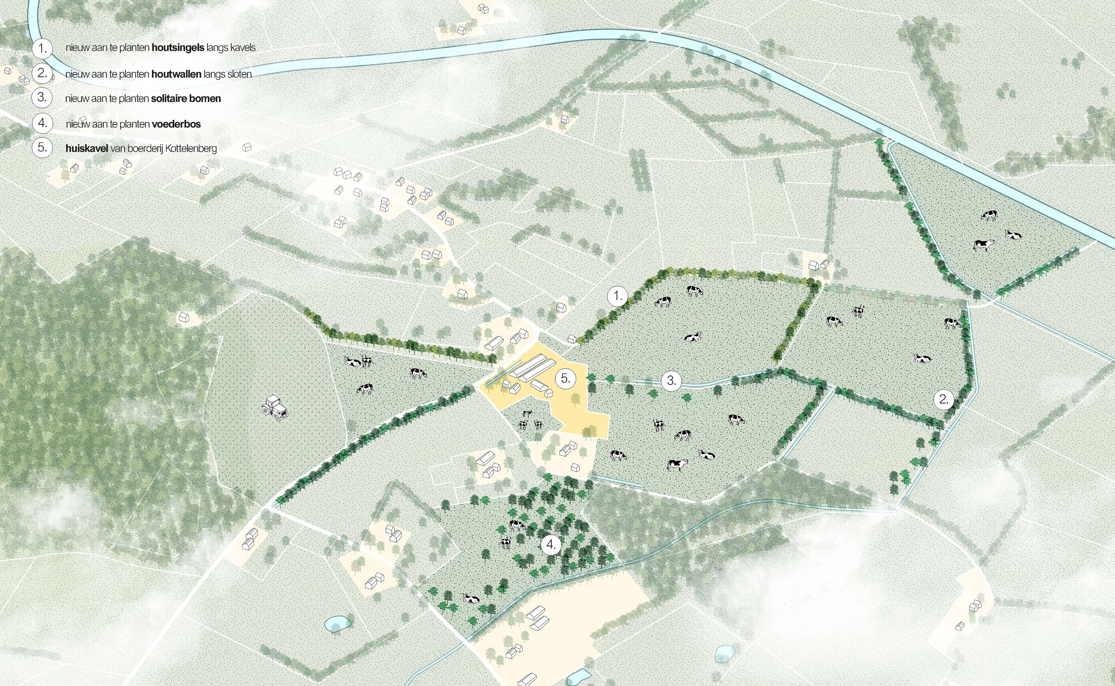 toekomstperspectief van een landschap met houtsingels, voederwallen en voederbos