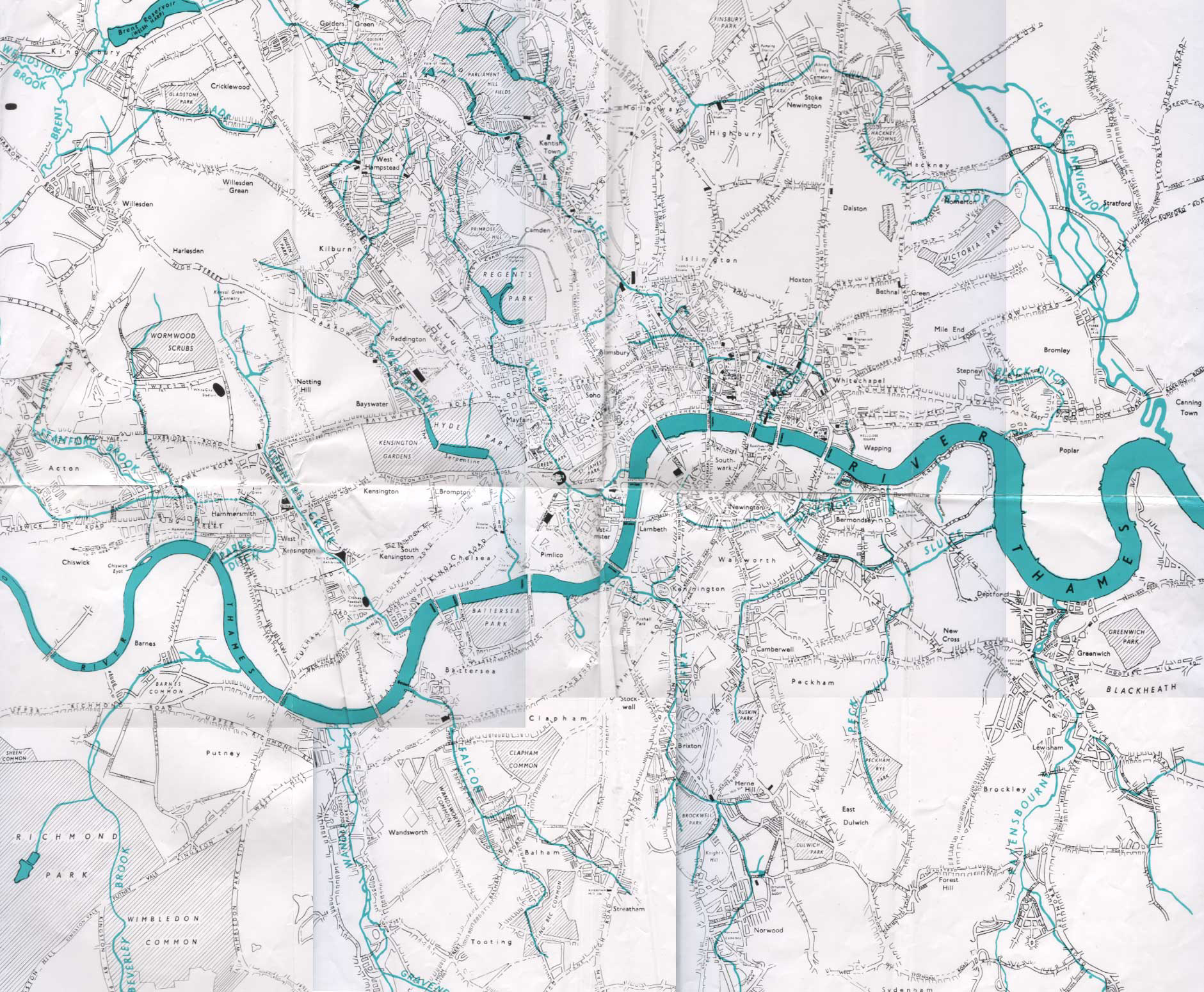 historische kaart van Londen met haar voormalige zijbeken, uit: 'The Lost Rivers of London' door Nicholas Barton