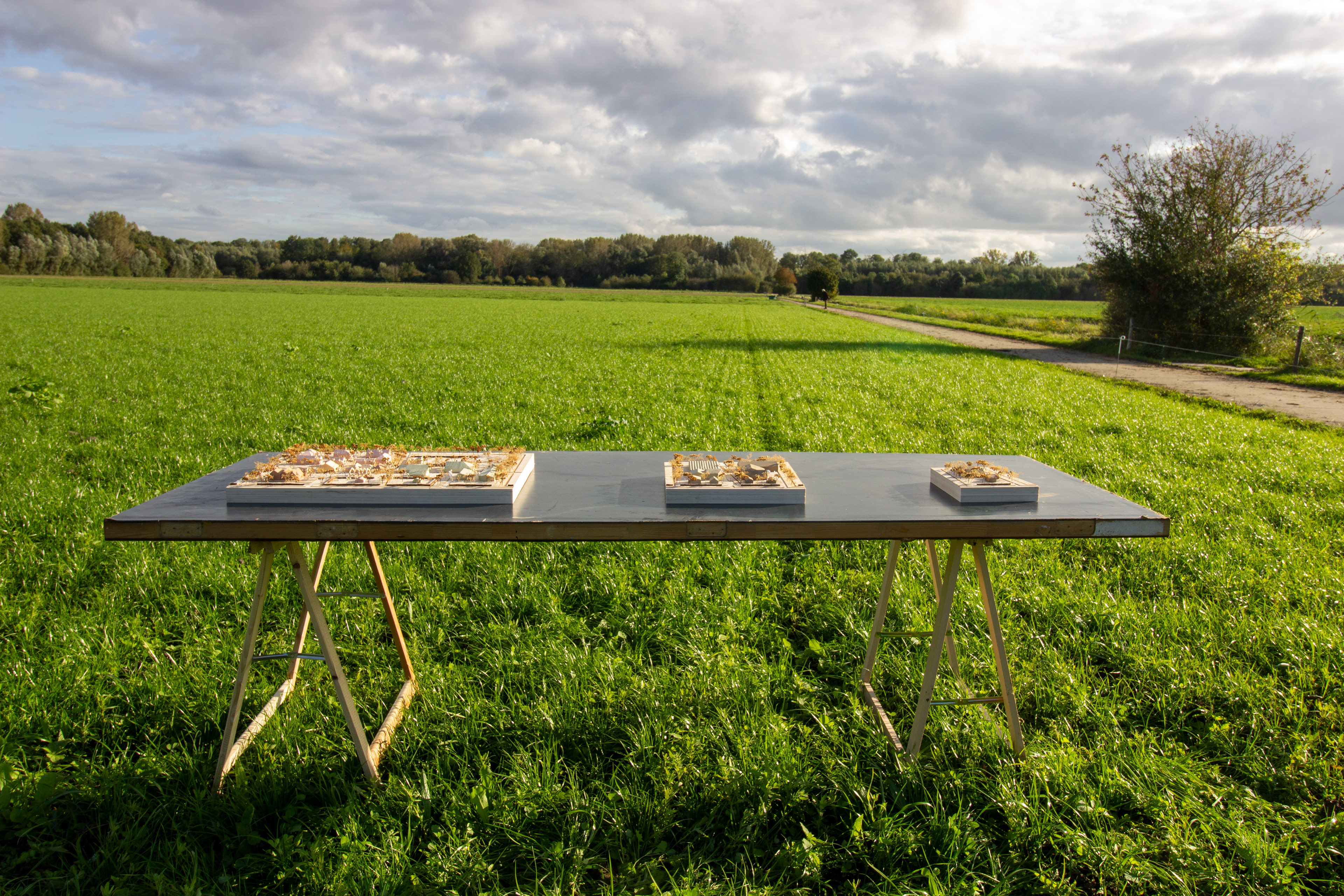 maquettes van de drie erven in het veld