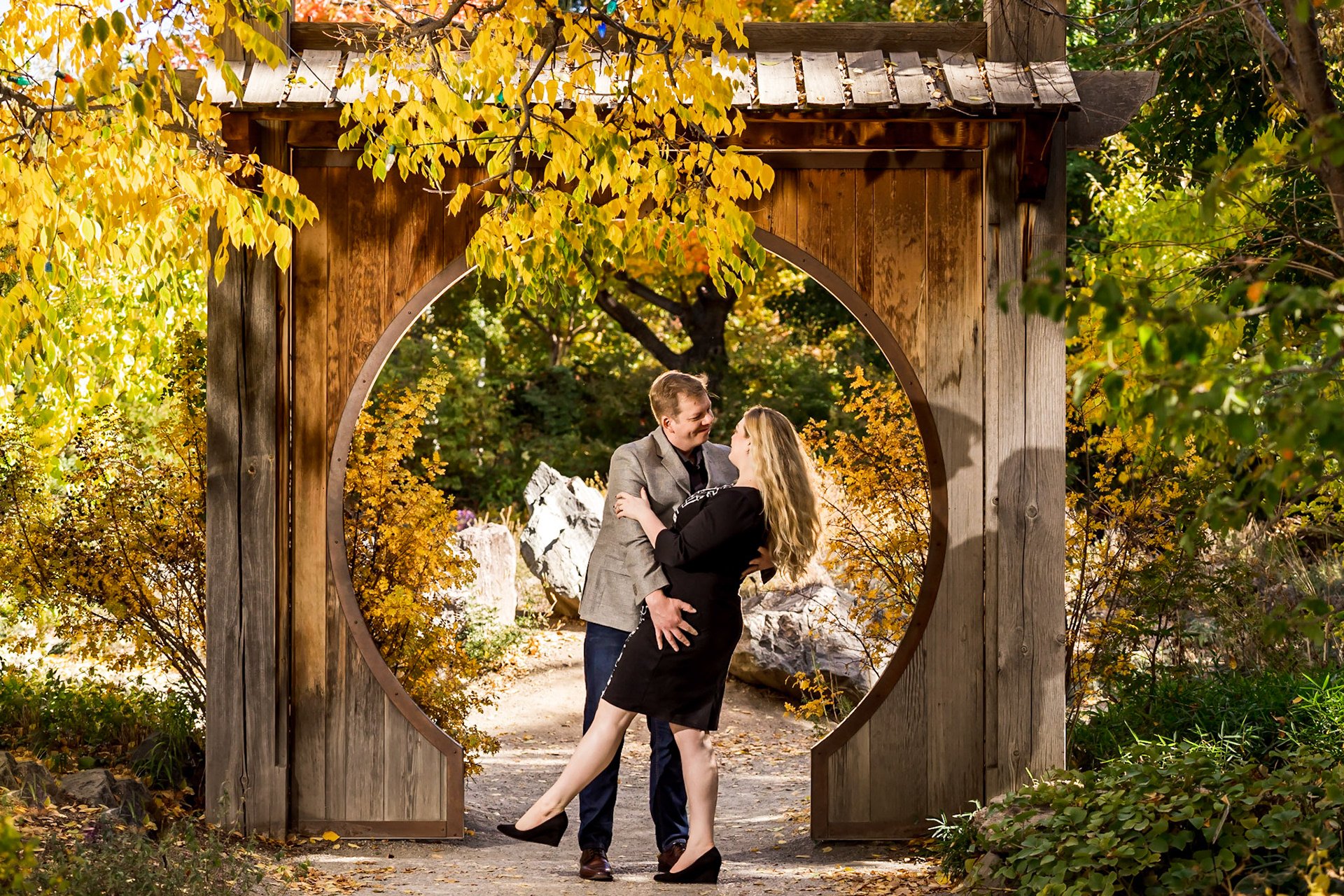 Bold, colorful autumn engagement portrait session at the Denver Botanic Gardens in Colorado
