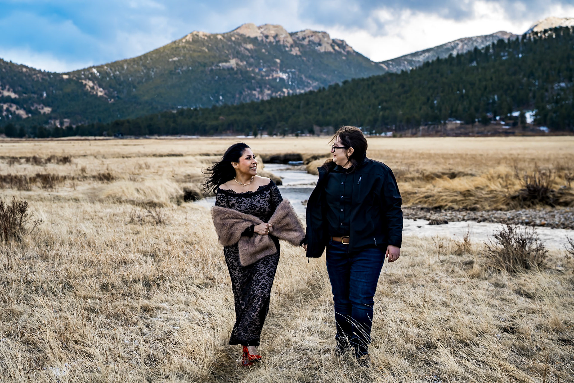 Fun winter engaygement session at Chapel on the Rock and in Rocky Mountain National Park