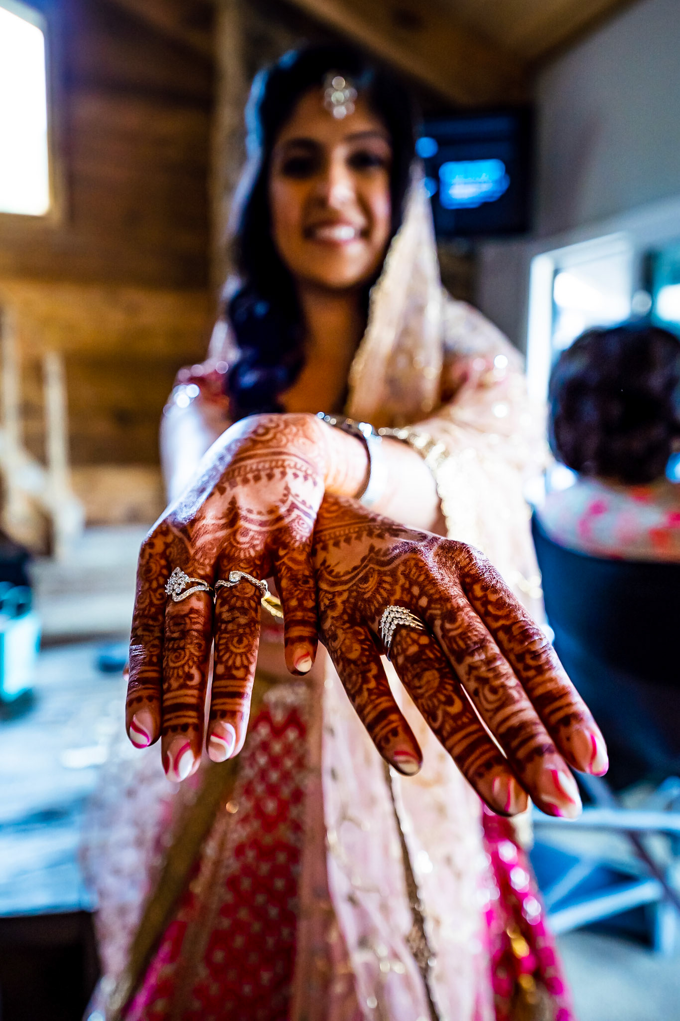 Colorful Indian wedding reception at the Aspen Meadows Resort in Aspen Colorado. Fall colors and fun dance party.