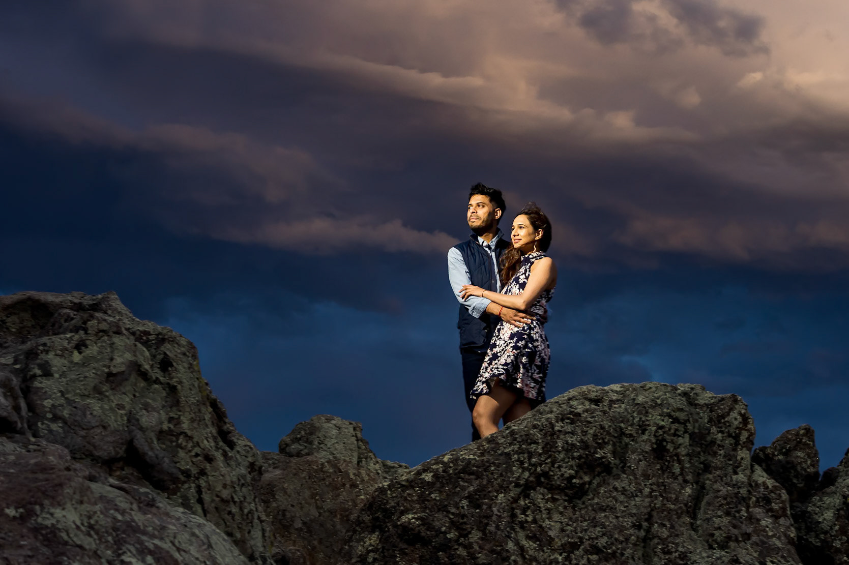 Adorable, sunset surprise proposal at Lost Gulch Overlook in Boulder, Colorado.