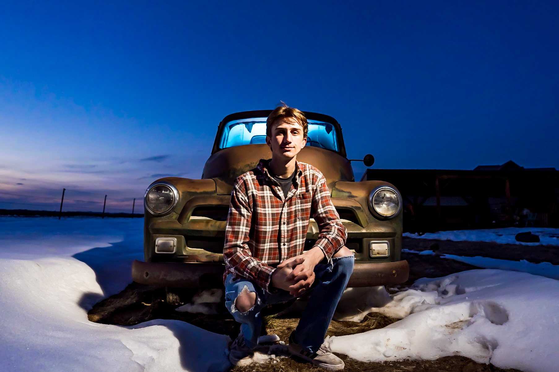 High school senior portraits with old pickup truck and cowboy theme in Broomfield, CO - Bonnie Photo