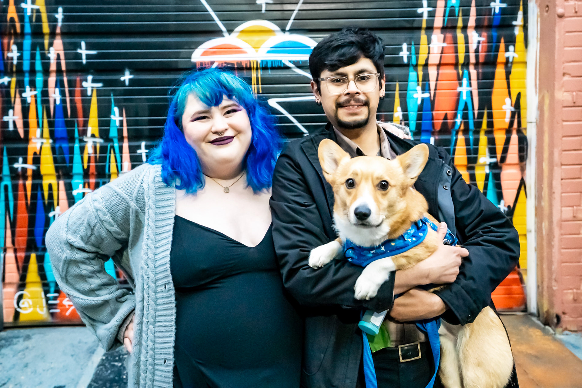 Colorful, dramatic engagement session in RINO, Denver with a Corgi dog