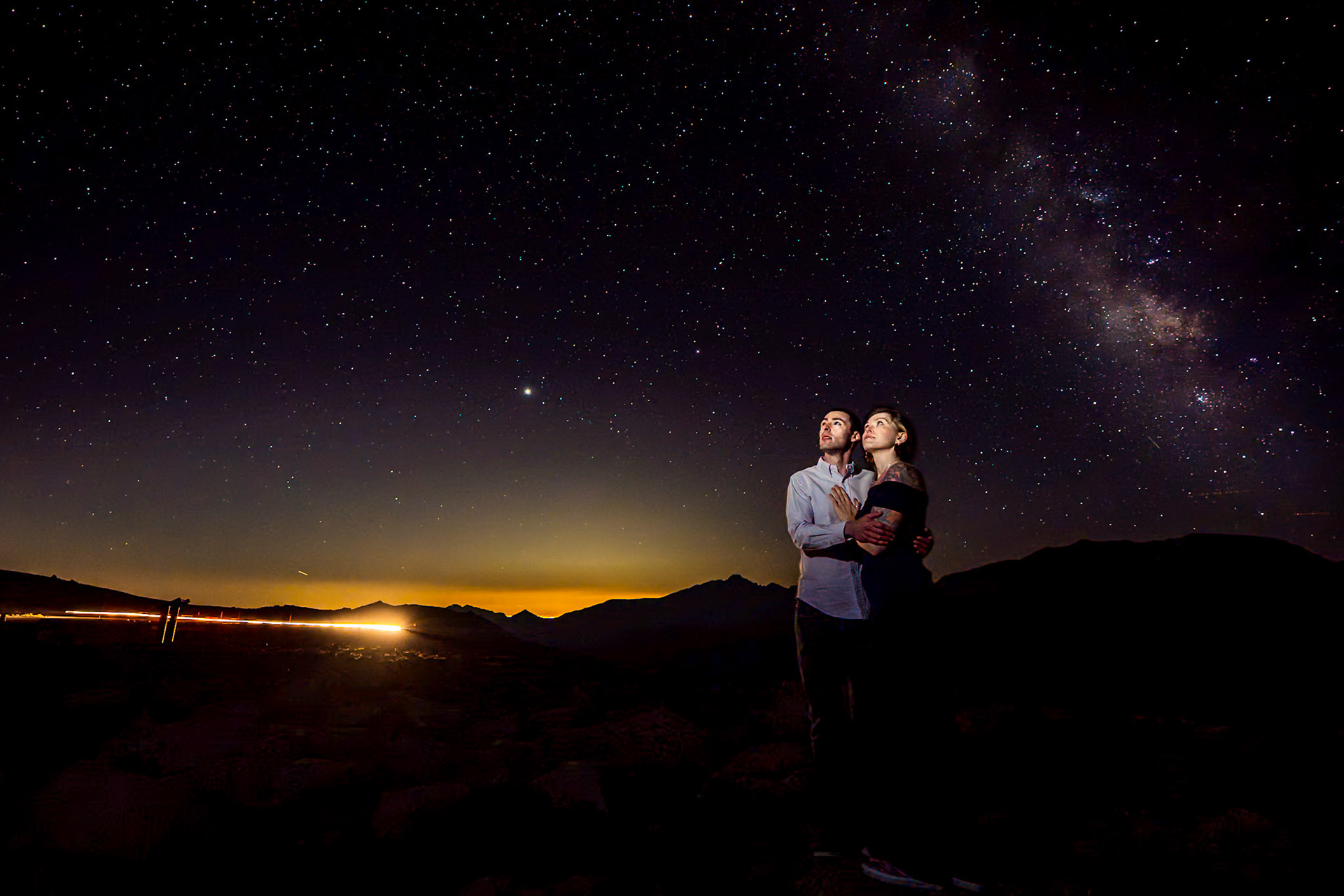 Fun, chill engagement session in Boulder Colorado with Corgi. Portraits and astrophotography portraits in Rocky Mountain National Park on Trail Ridge Road.