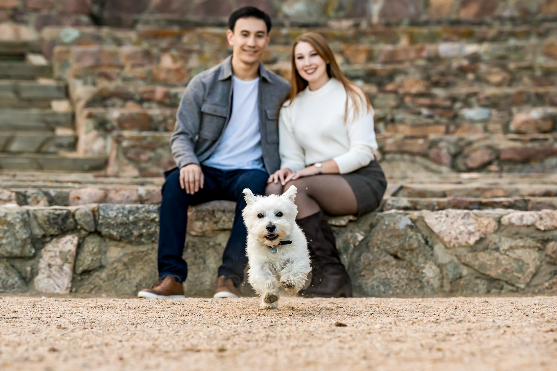 Cute engagement session with a dog at Sunrise Amphitheater in Boulder, CO
