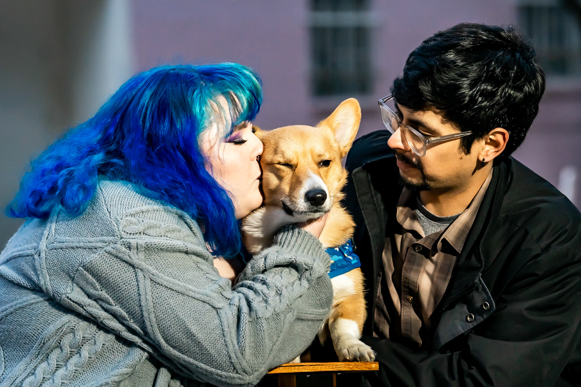 Colorful, dramatic engagement session in RINO, Denver with a Corgi dog