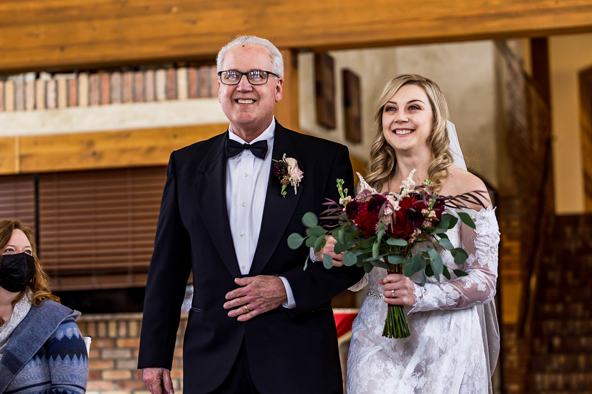 Fun, intimate winter wedding at Della Terra in Estes Park, Colorado. Reception at the Historic Park Theaters, couples portraits at The Stanley Hotel.
