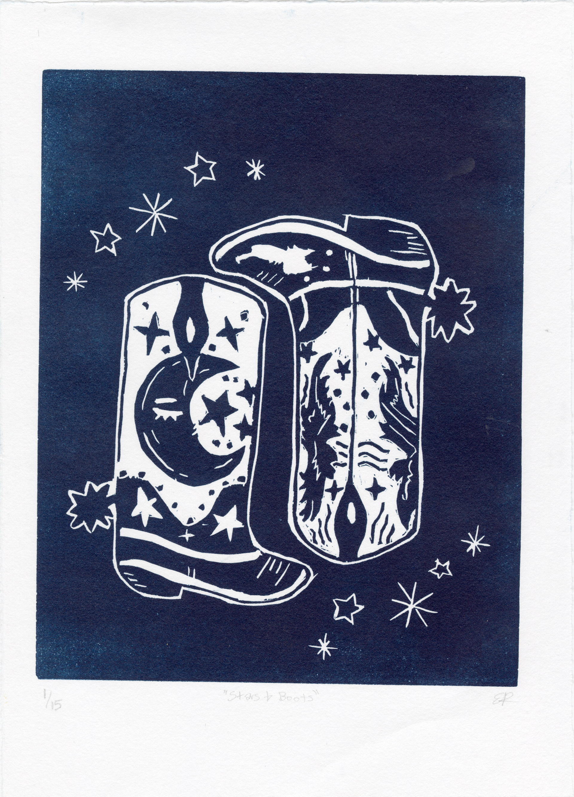 "Stars & Boots", 2025, edition 1/15, relief linocut, 8 x 10in.