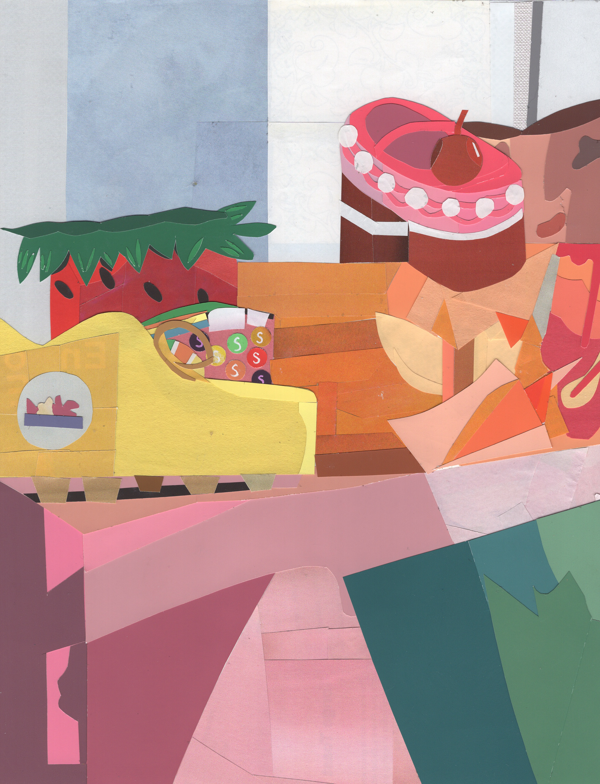 Color & Context (ARTS 1929C), Retinal Study, Food As Shoes, 2023, collage, cut paper on cardstock, 8.5 x 11 in