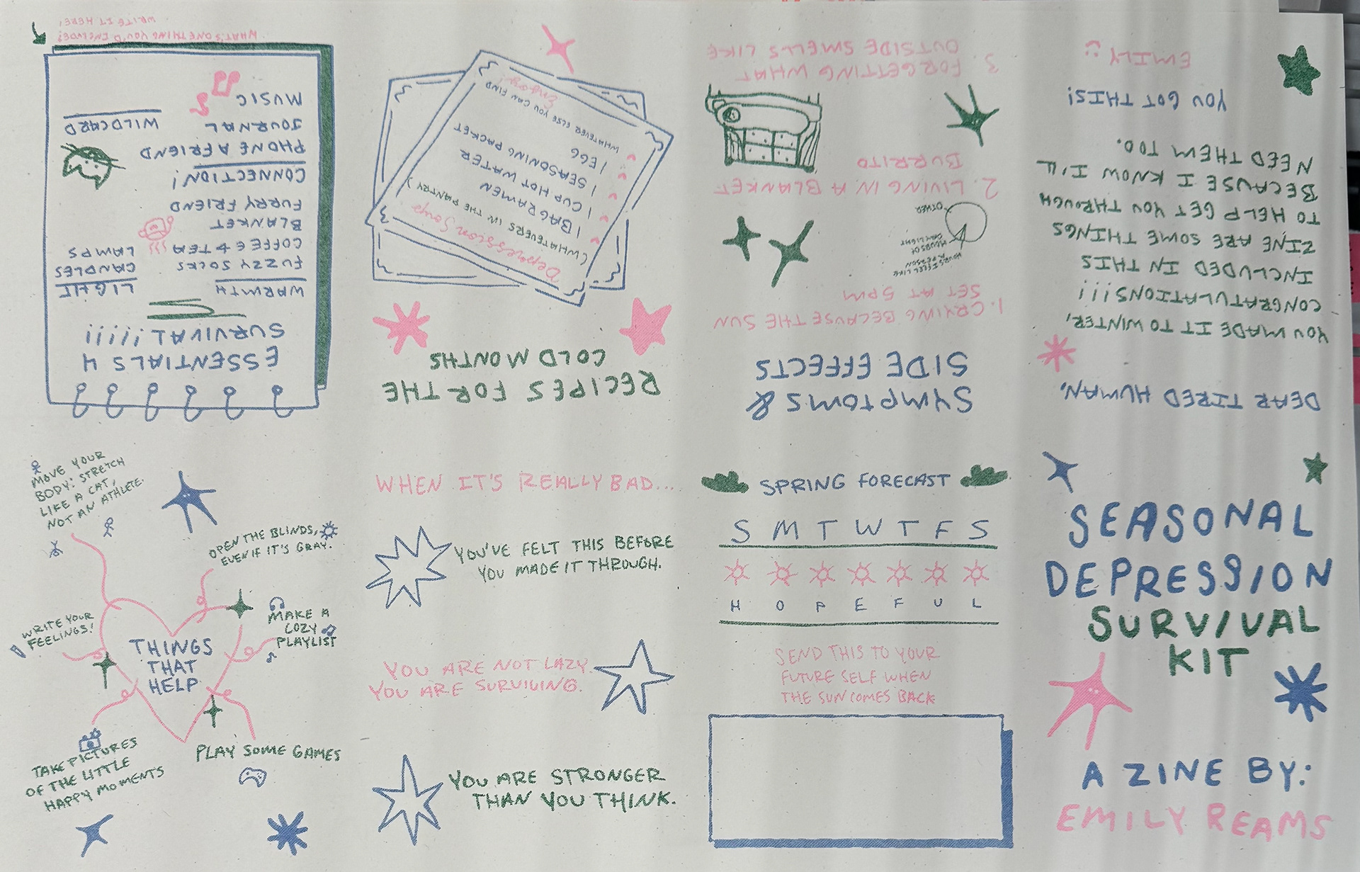 "Seasonal Depression Survival Kit", 2025, zine done by risograph, 17 x 11 in. (open)