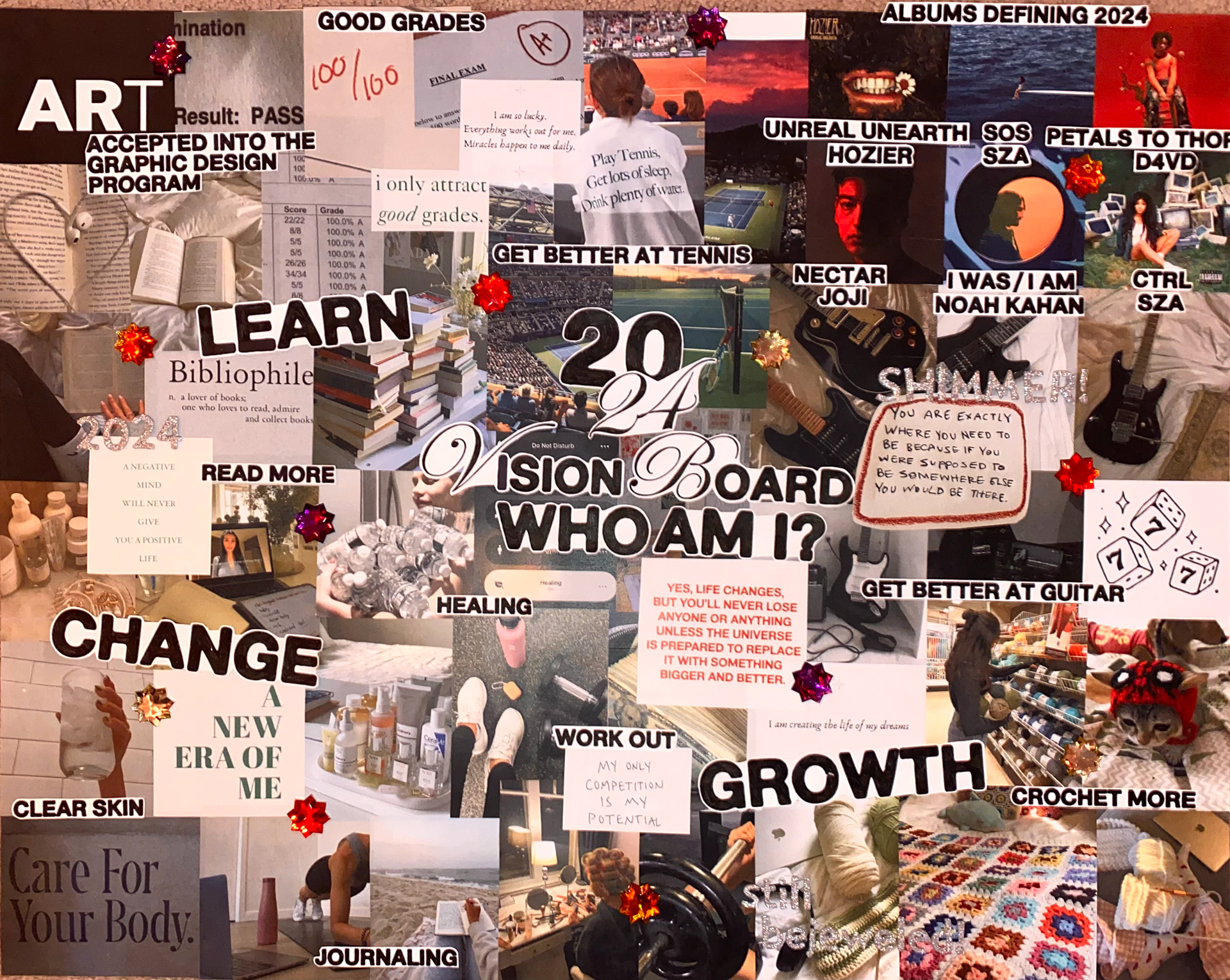 Vision Board, 2024, collage, mixed media (cut paper, cardstock, poster paper, craft jewels, letter stickers), 28 x 22 in