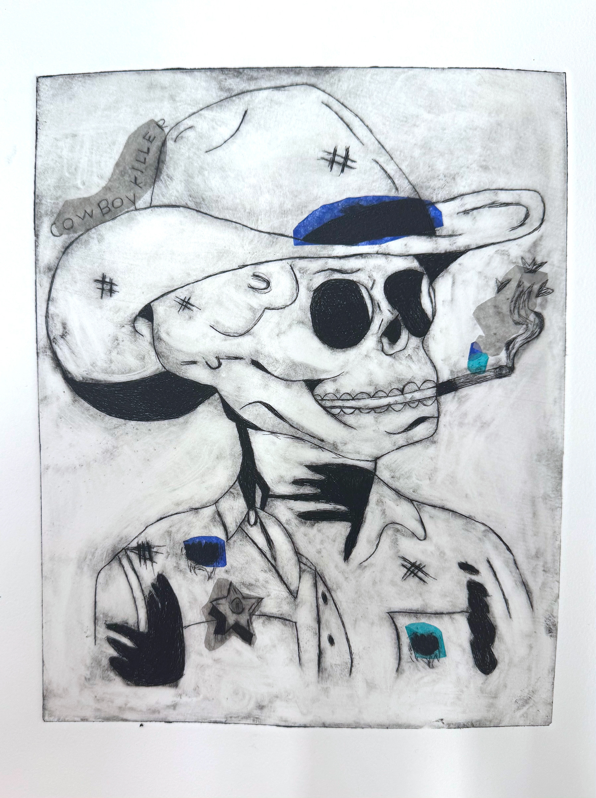 "Cowboy Killer", 2025, edition 1/5, drypoint intaglio on plexiglass with chine collé technique, 13 x 10 in.