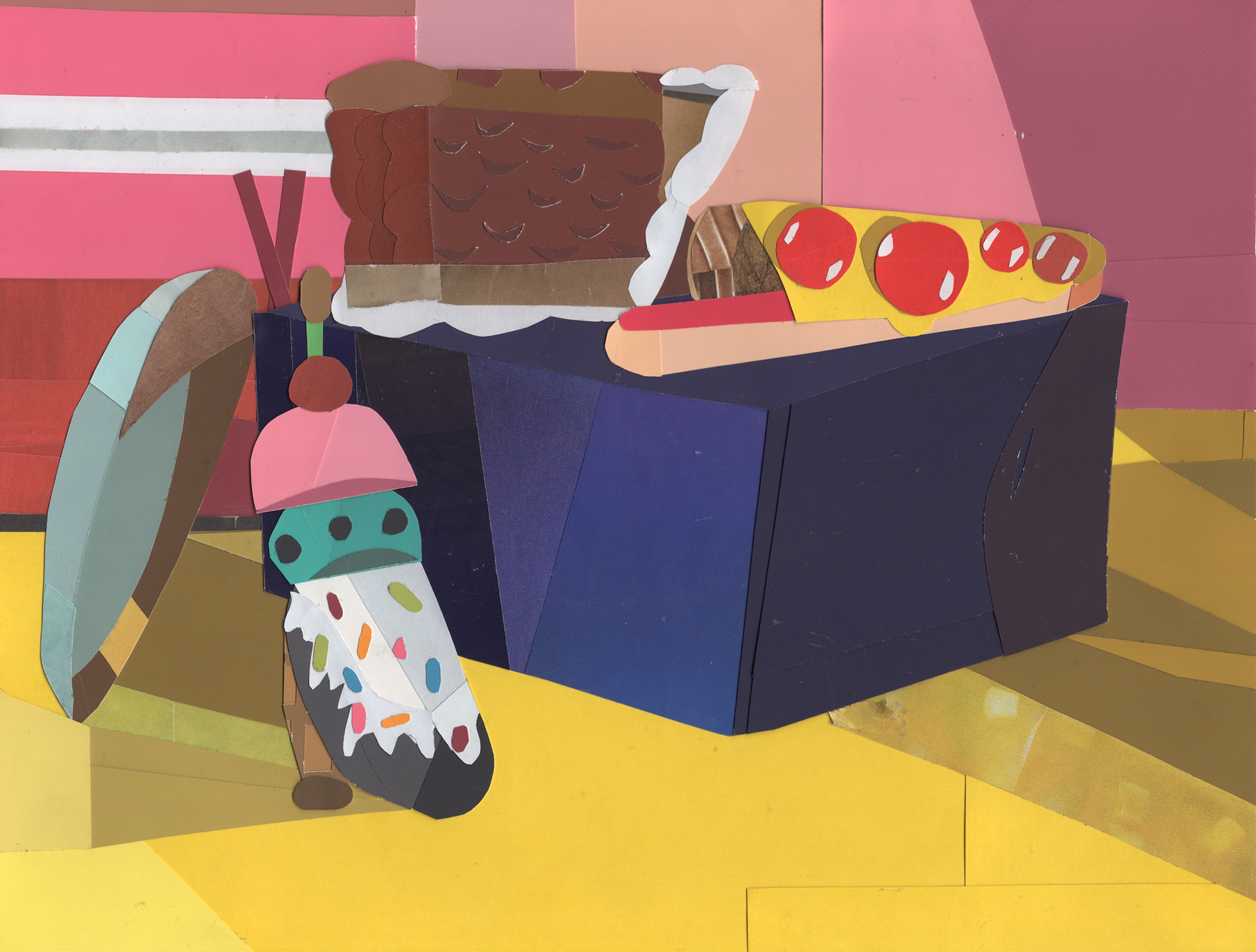 Color & Context (ARTS 1929C), Retinal Study, Food As Shoes, 2023, collage, cut paper on cardstock, 11 x 8.5 in