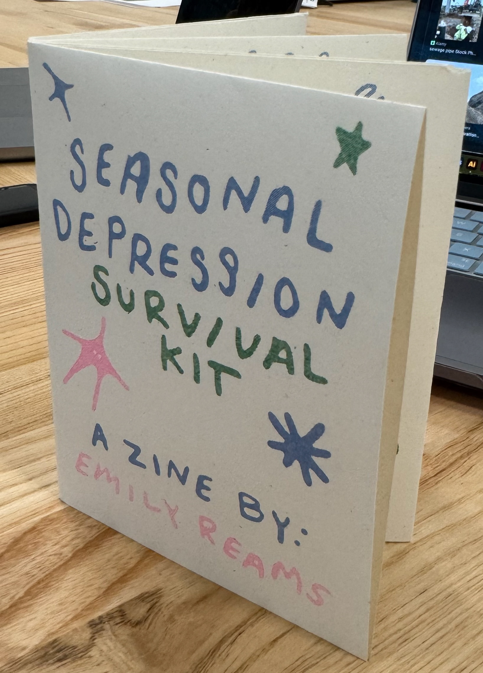 "Seasonal Depression Survival Kit", 2025, zine done by risograph, 4.25 x 5.5 in. (closed)
