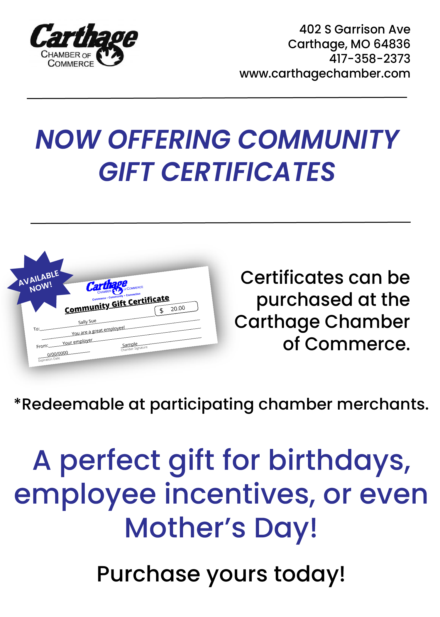 carthage chamber gift certificate flyer (now available)