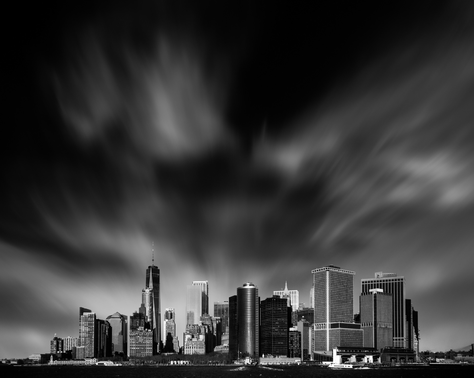 Wide angle view of Manhatann skyline from the riverthe